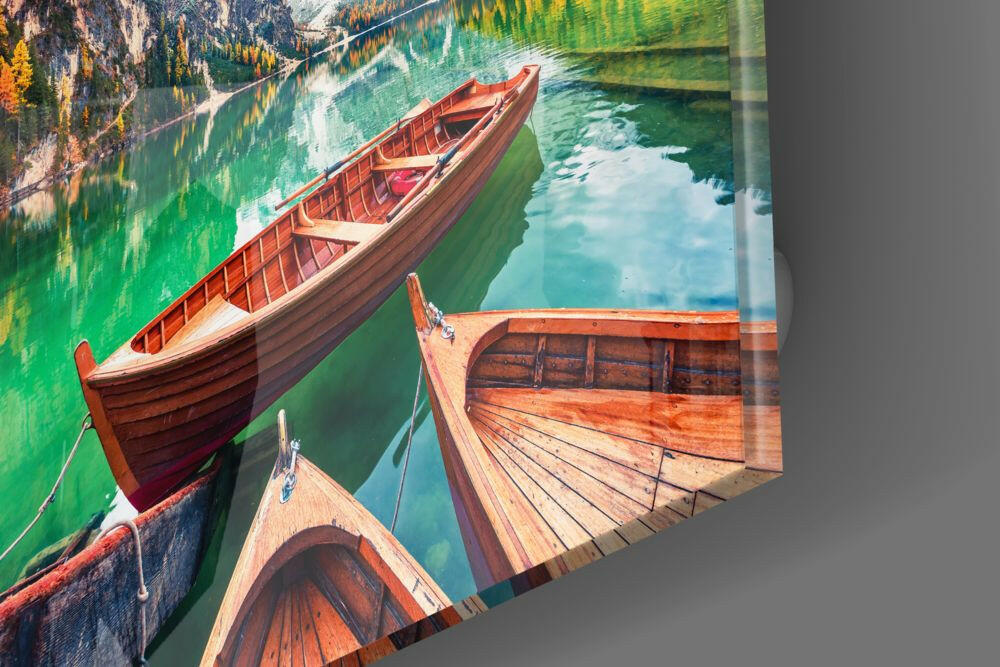Wooden Rowboats Emerald Alpine Lake Glass Wall Art