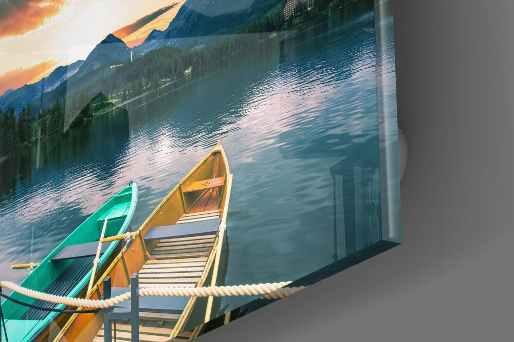 Two Canoes At Sunrise Mountain Lake Glass Wall Art