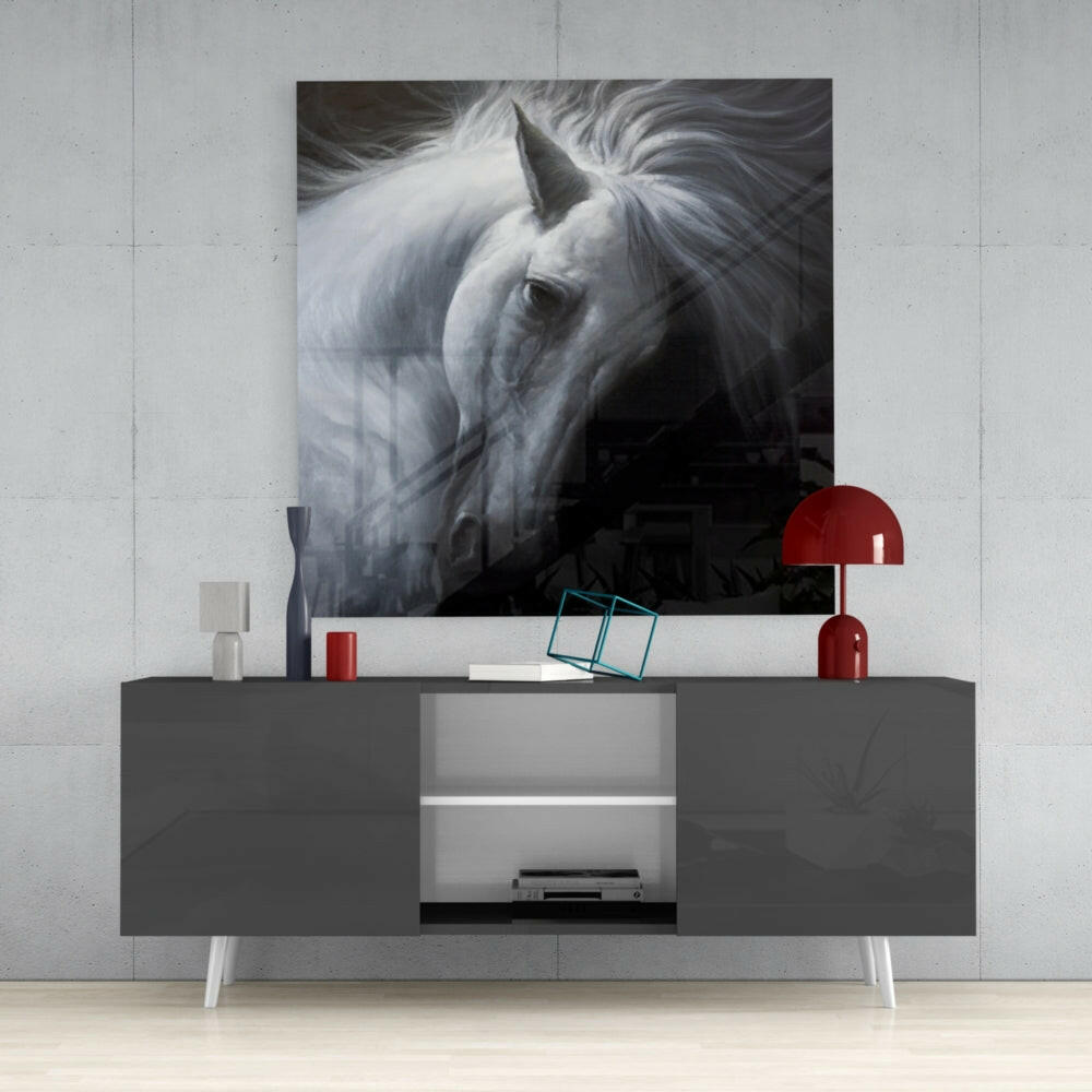 Windswept White Horse Glass Wall Art
