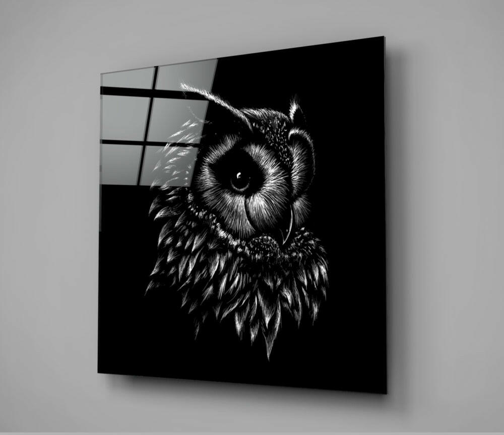 Sketched Owl Portrait Black Glass Wall Art