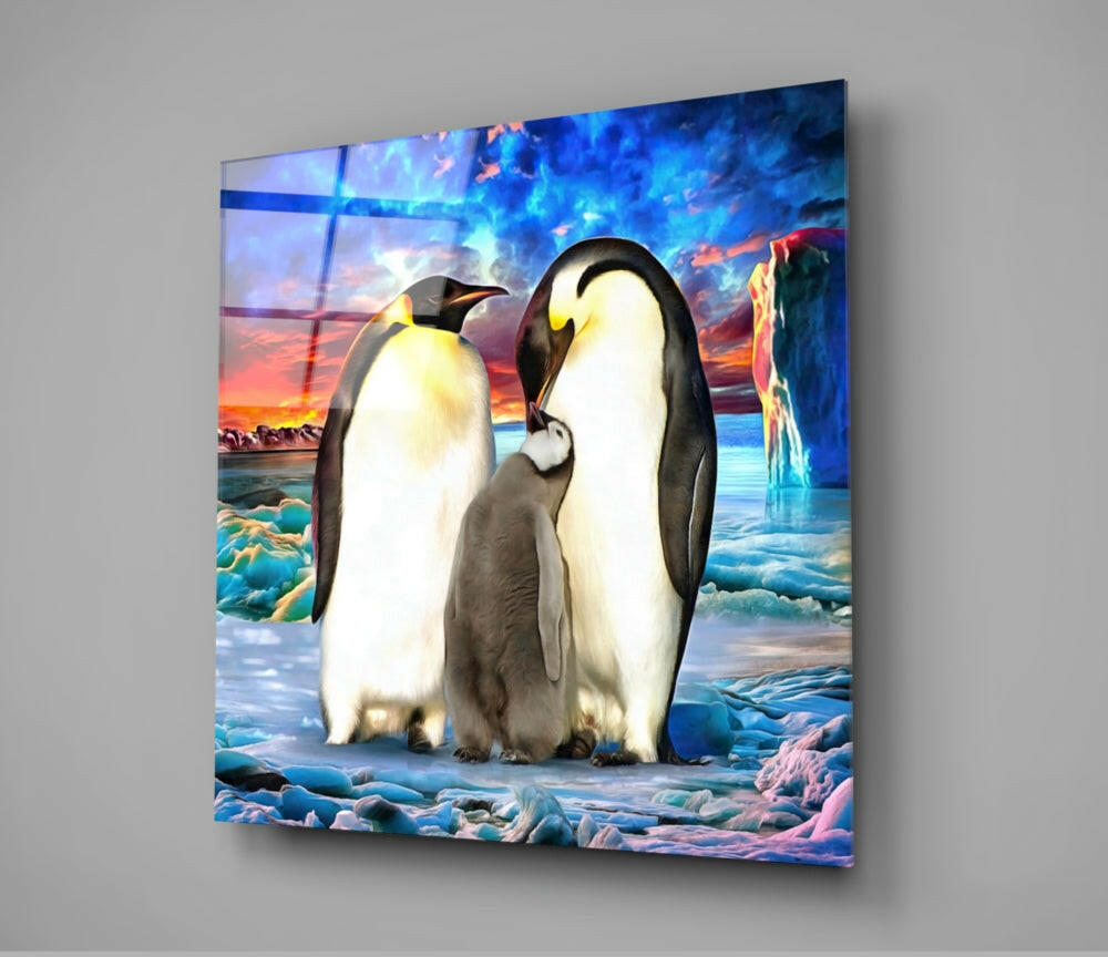 Penguin Family Sunset Ice Glass Wall Art