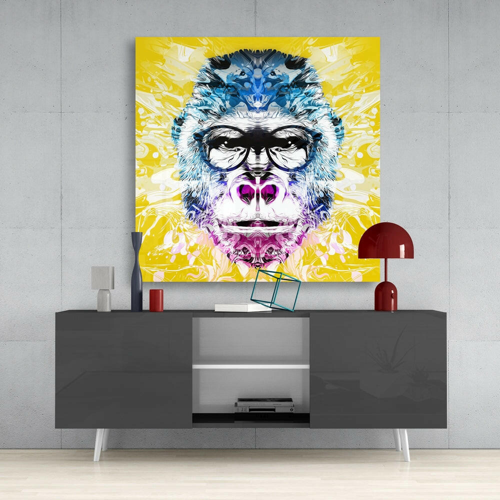 Yellow Pop Art Gorilla Face Glass Wall Art