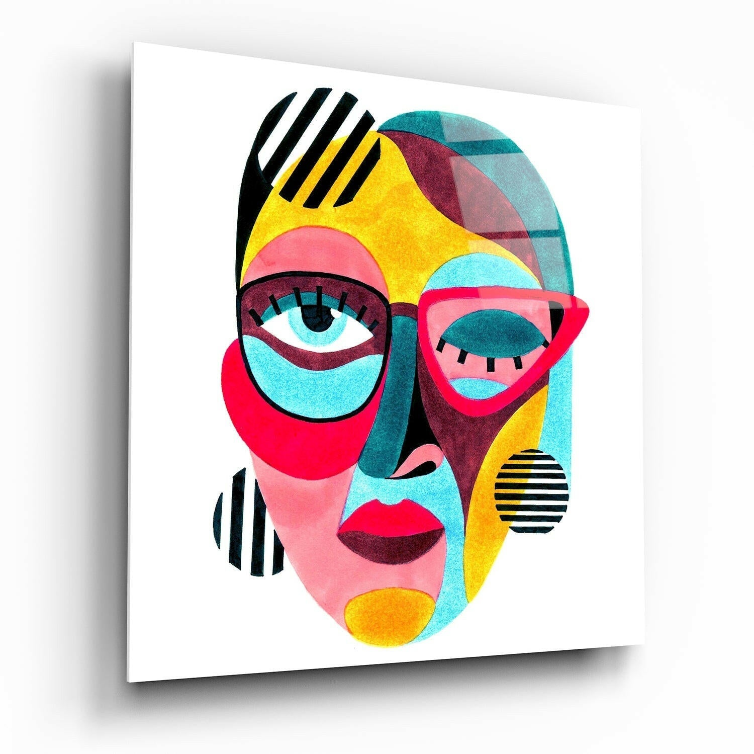 Colorful Cubist Face Glass Wall Art