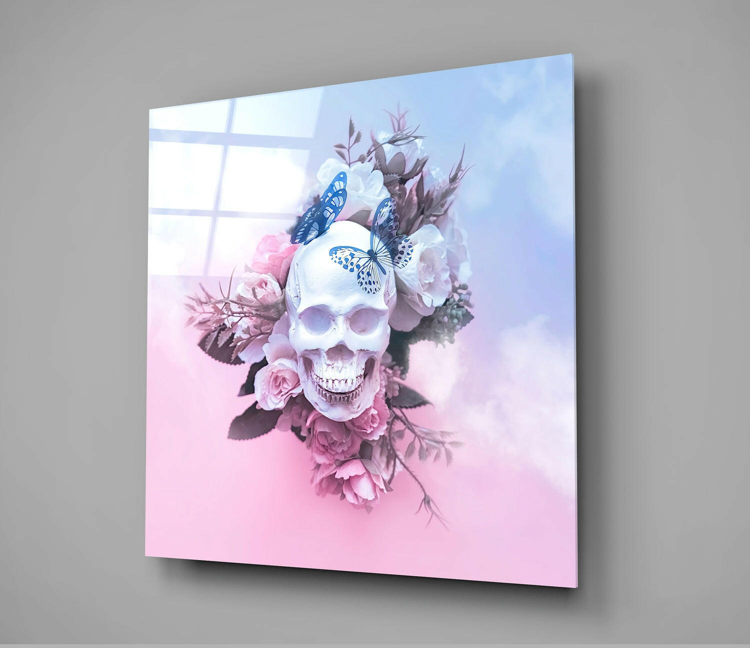 Blue Butterfly Skull Rose Clouds Glass Wall Art