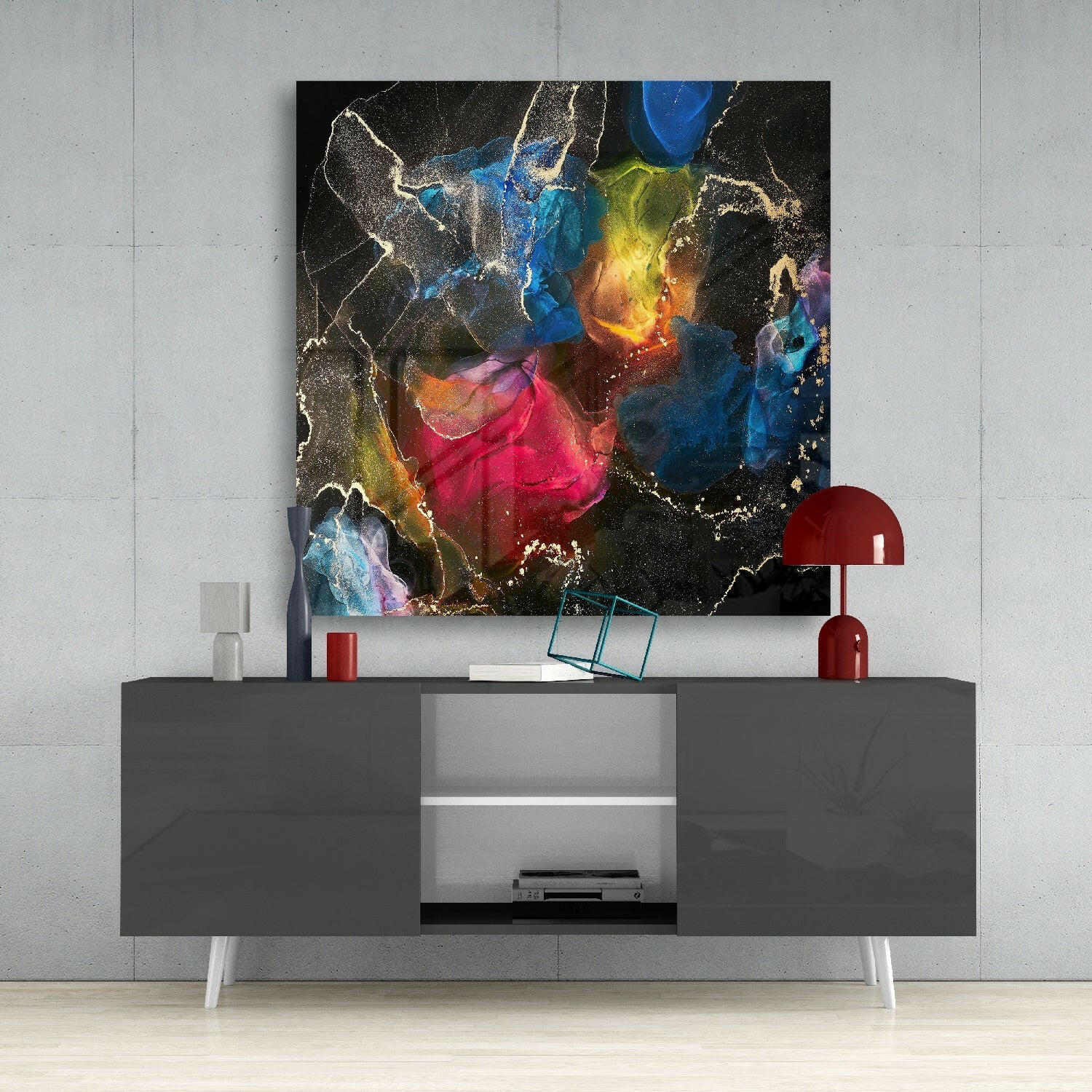 Multicolor Ink Explosion Black Glass Wall Art