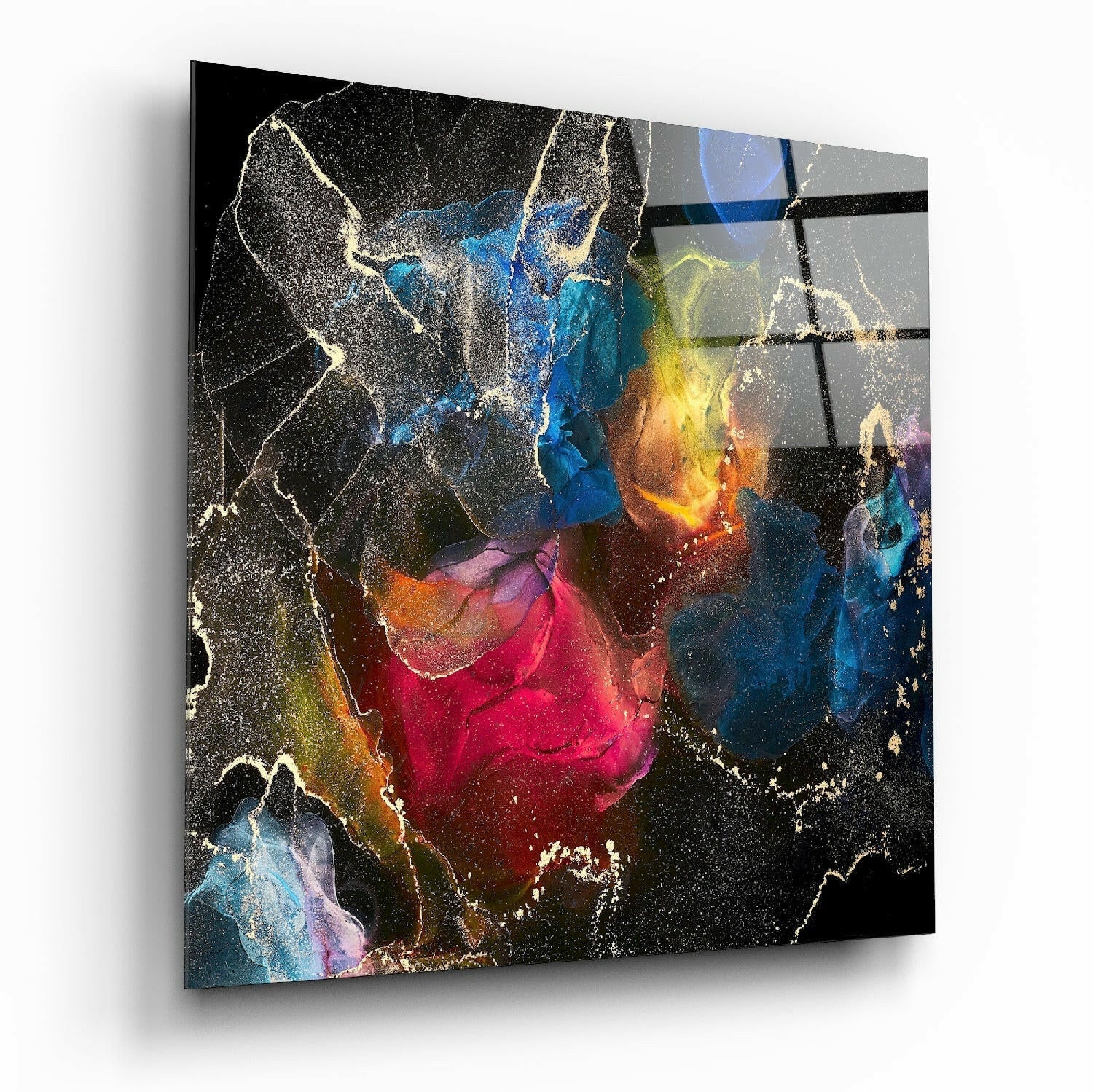 Multicolor Ink Explosion Black Glass Wall Art