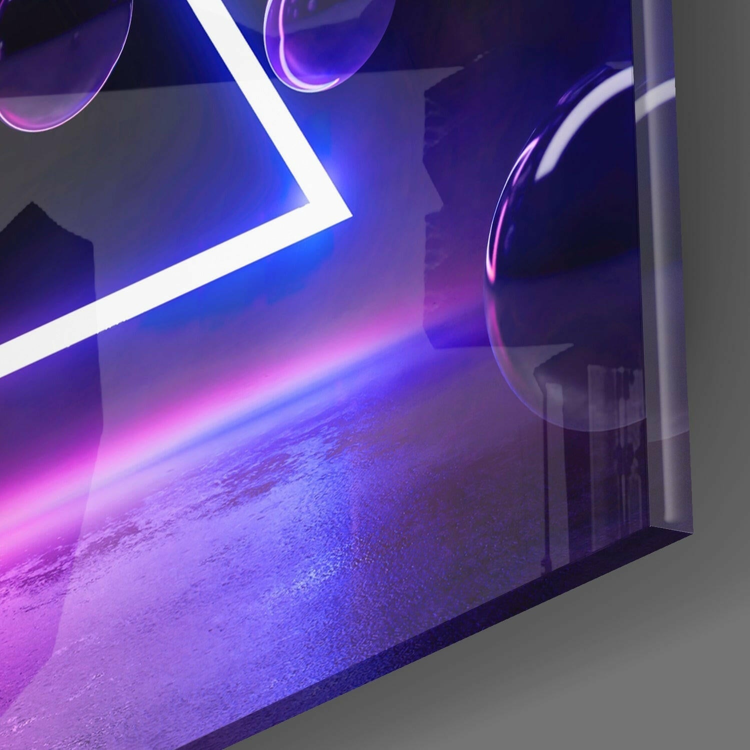 Neon Triangle Purple Spheres Glass Wall Art