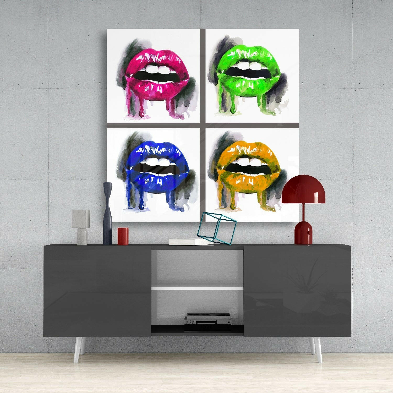 Four Dripping Neon Lips Pop Glass Wall Art