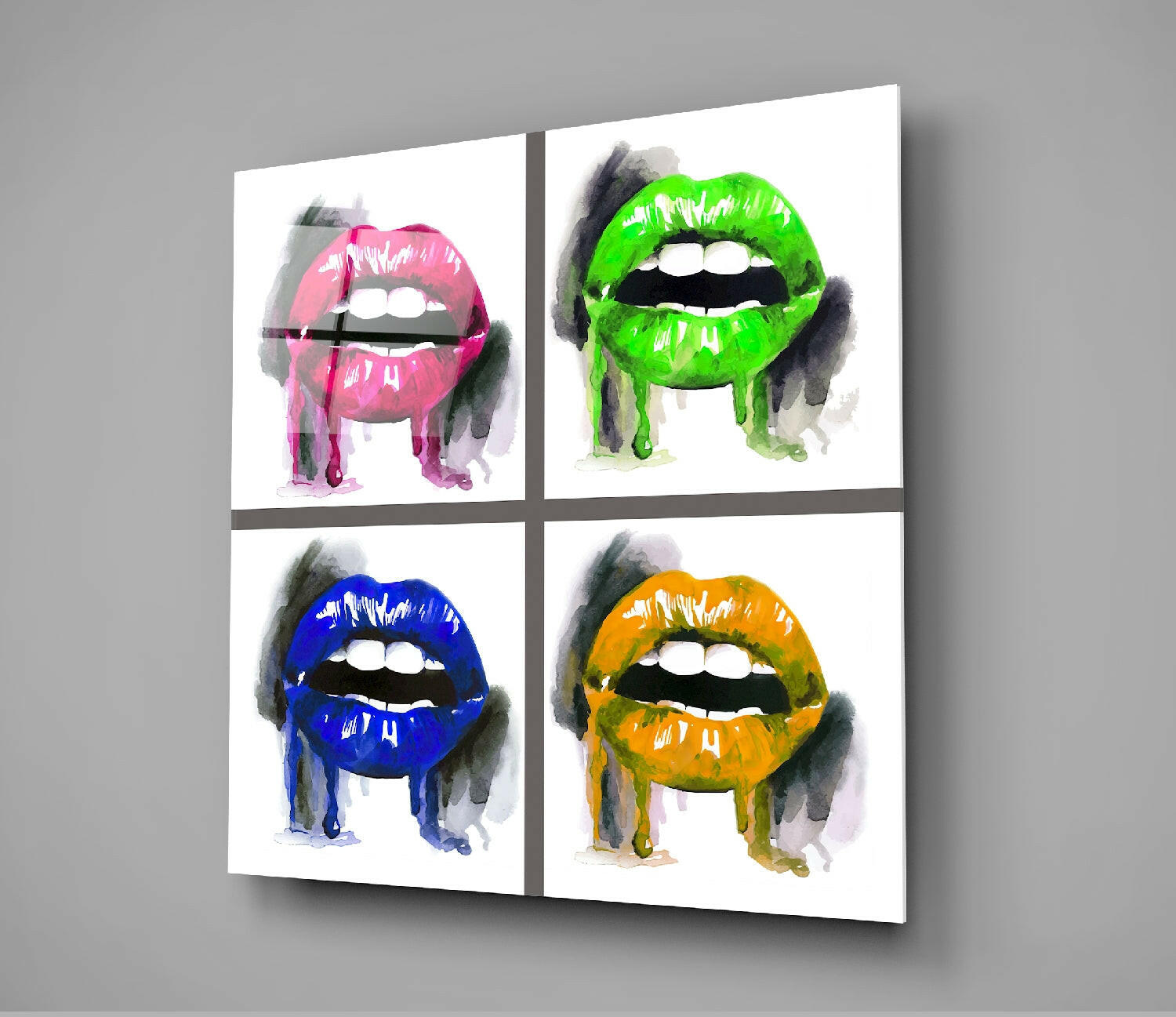 Four Dripping Neon Lips Pop Glass Wall Art
