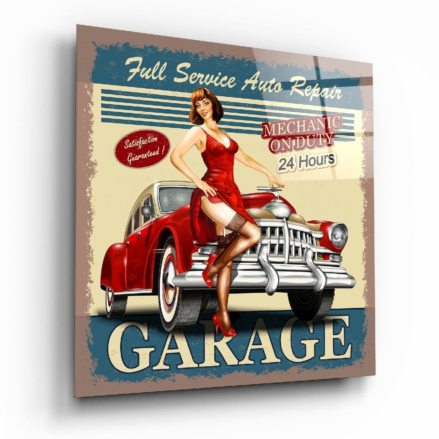 Retro Garage Auto Repair Poster Glass Wall Art