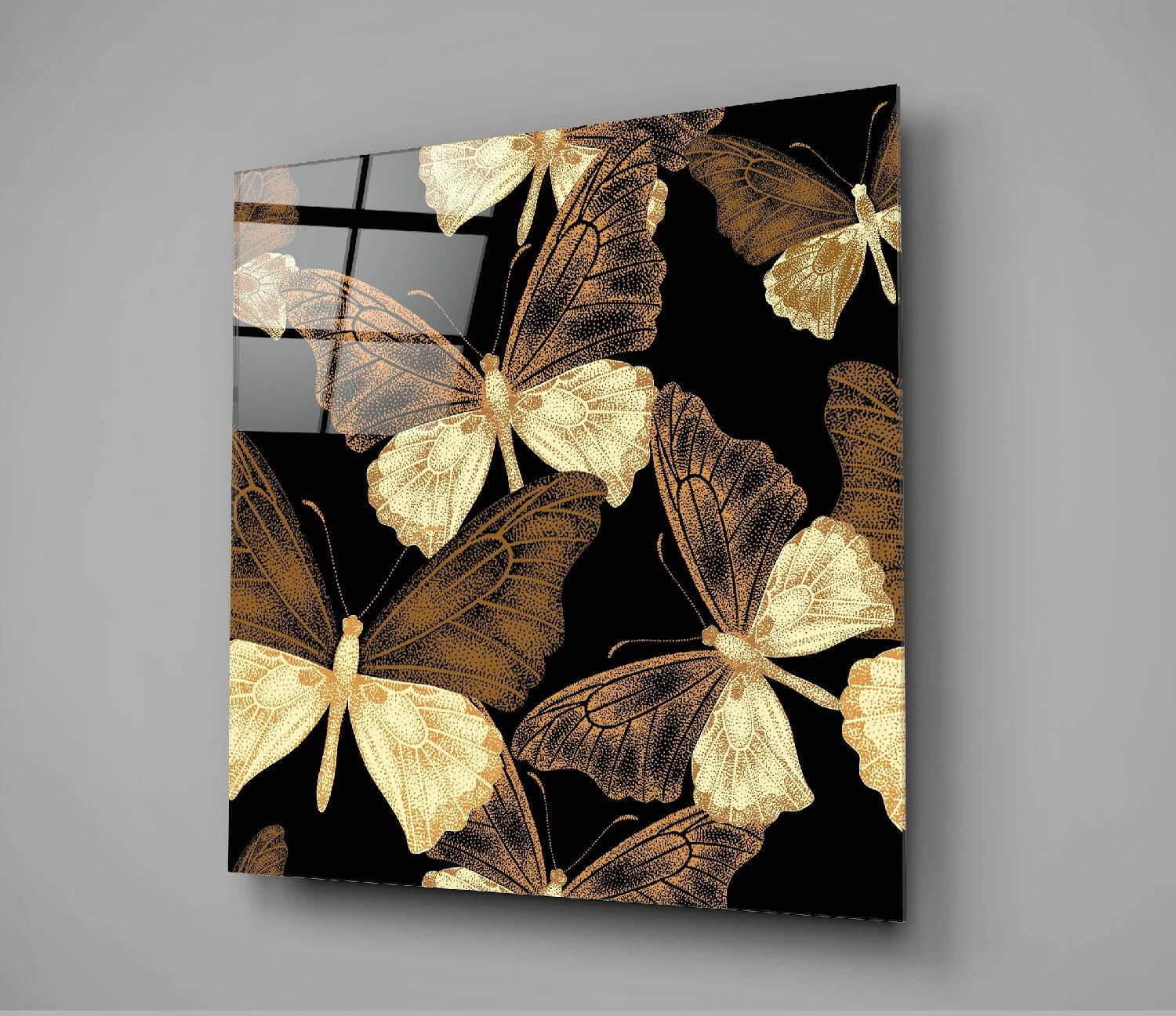 Golden Butterflies Black Backdrop Glass Wall Art