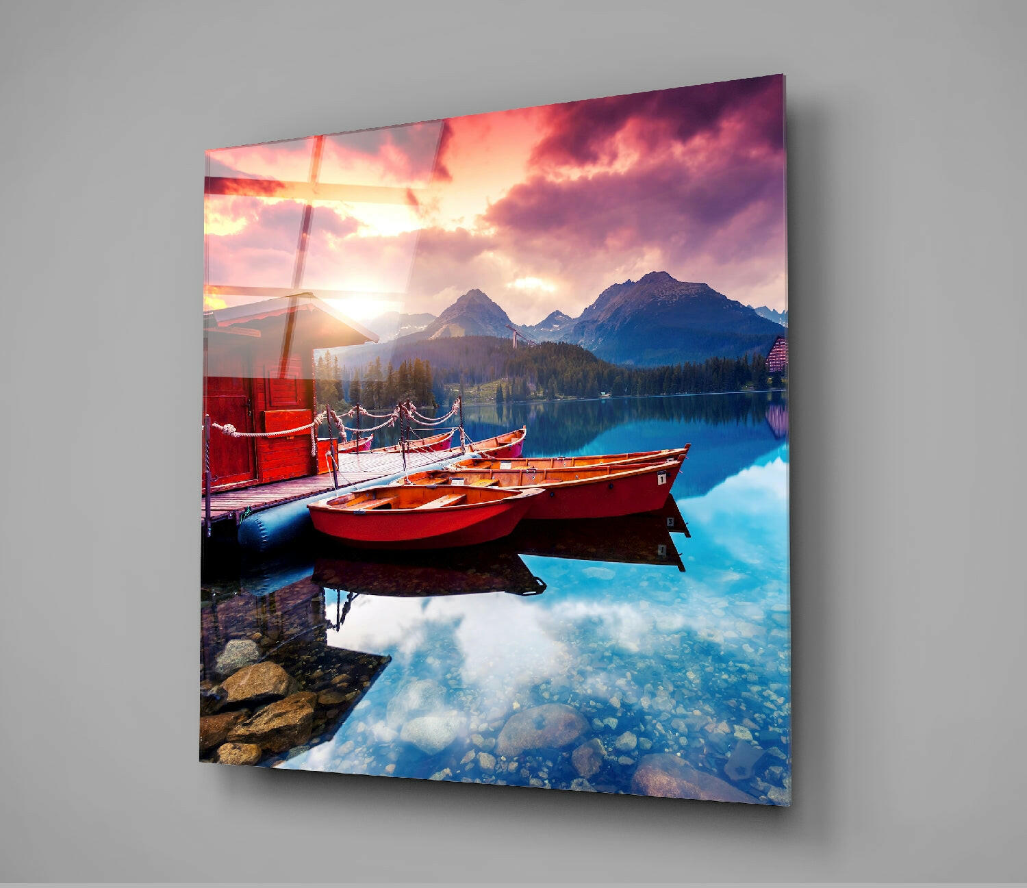 Red Boats Alpine Lake Fiery Sunset Glass Wall Art