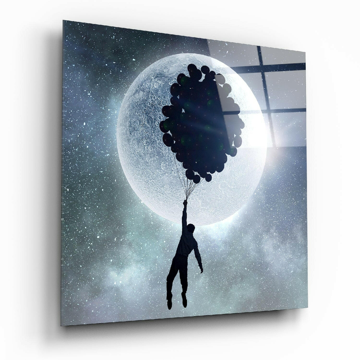 Man Flying With Balloon Cluster Moon Glass Wall Art
