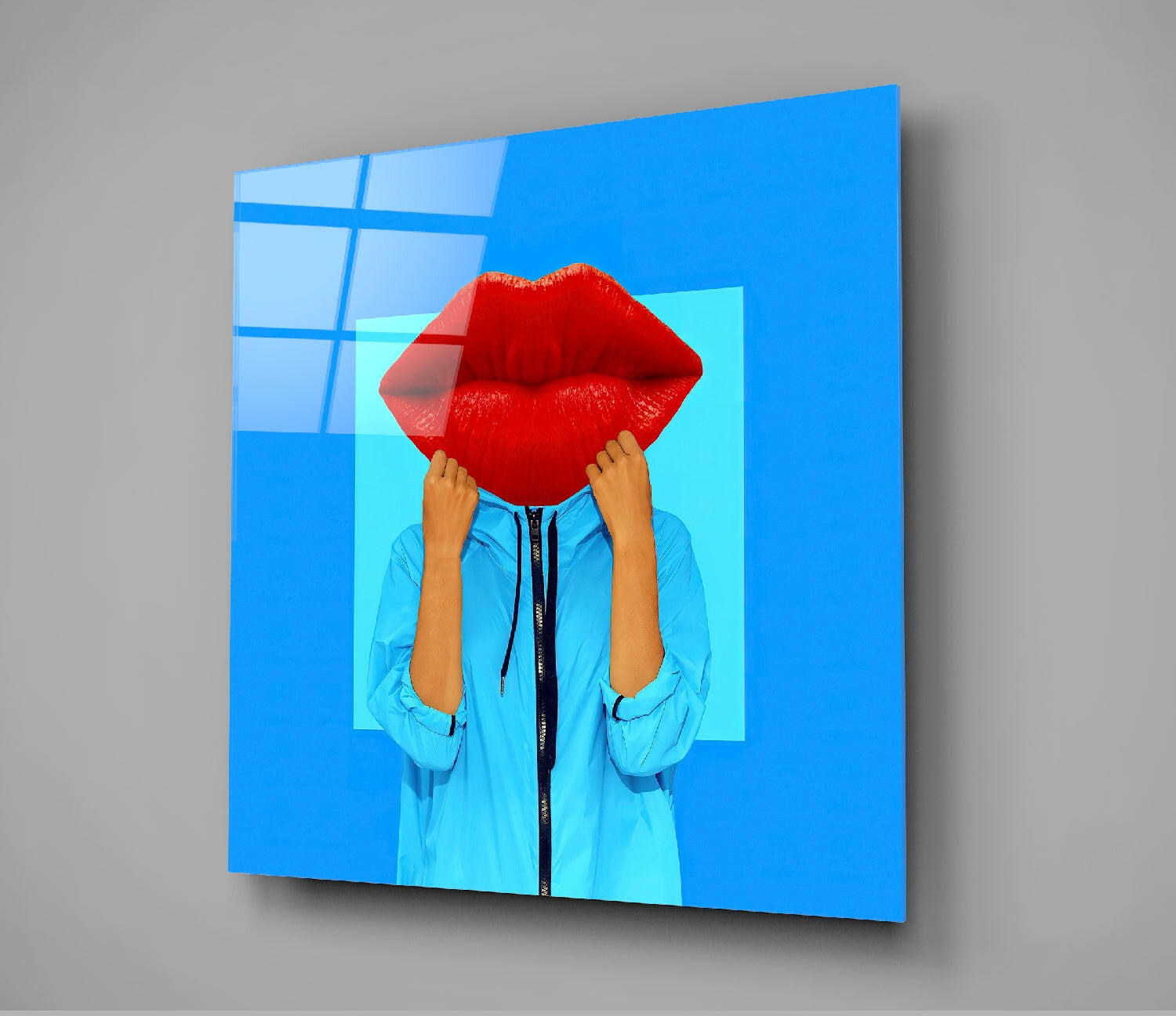 Giant Red Lips Blue Jacket Glass Wall Art