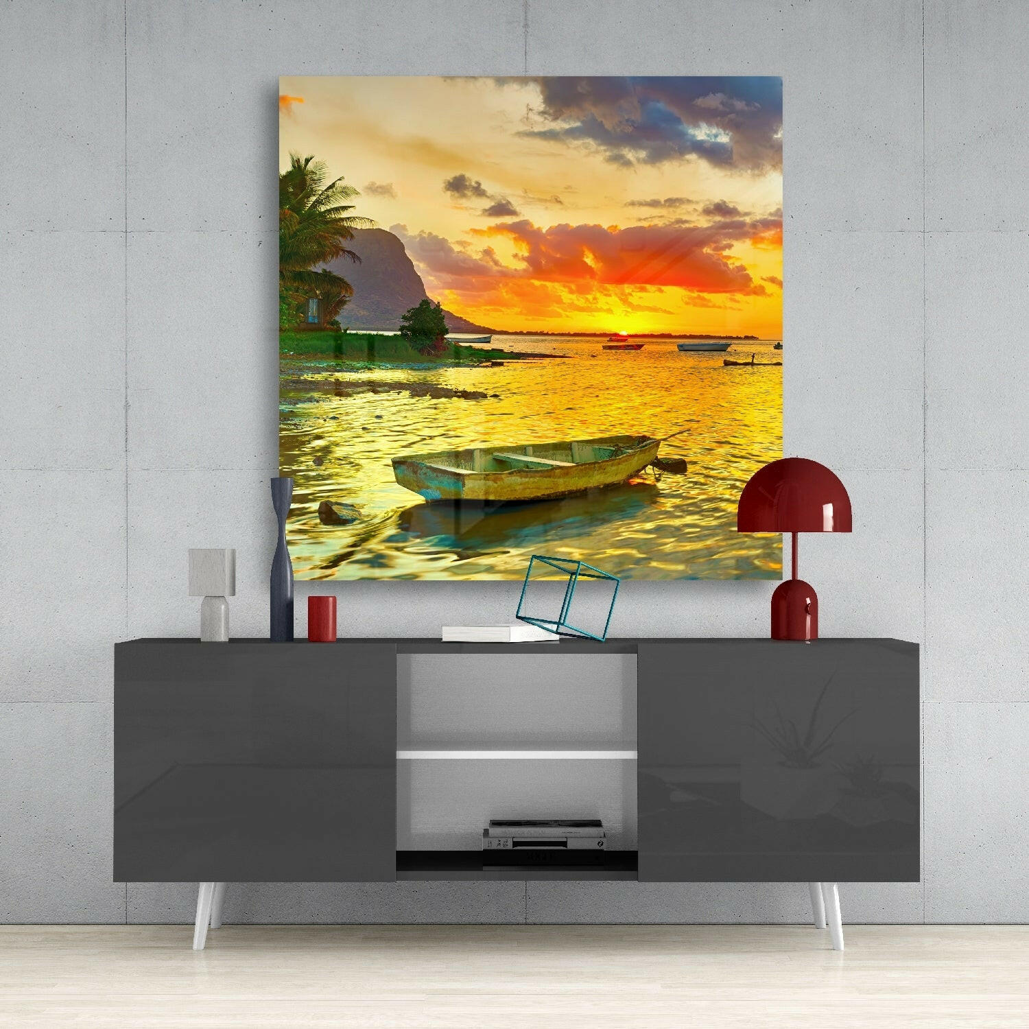Tropical Palm Beach Sunset Glass Wall Art