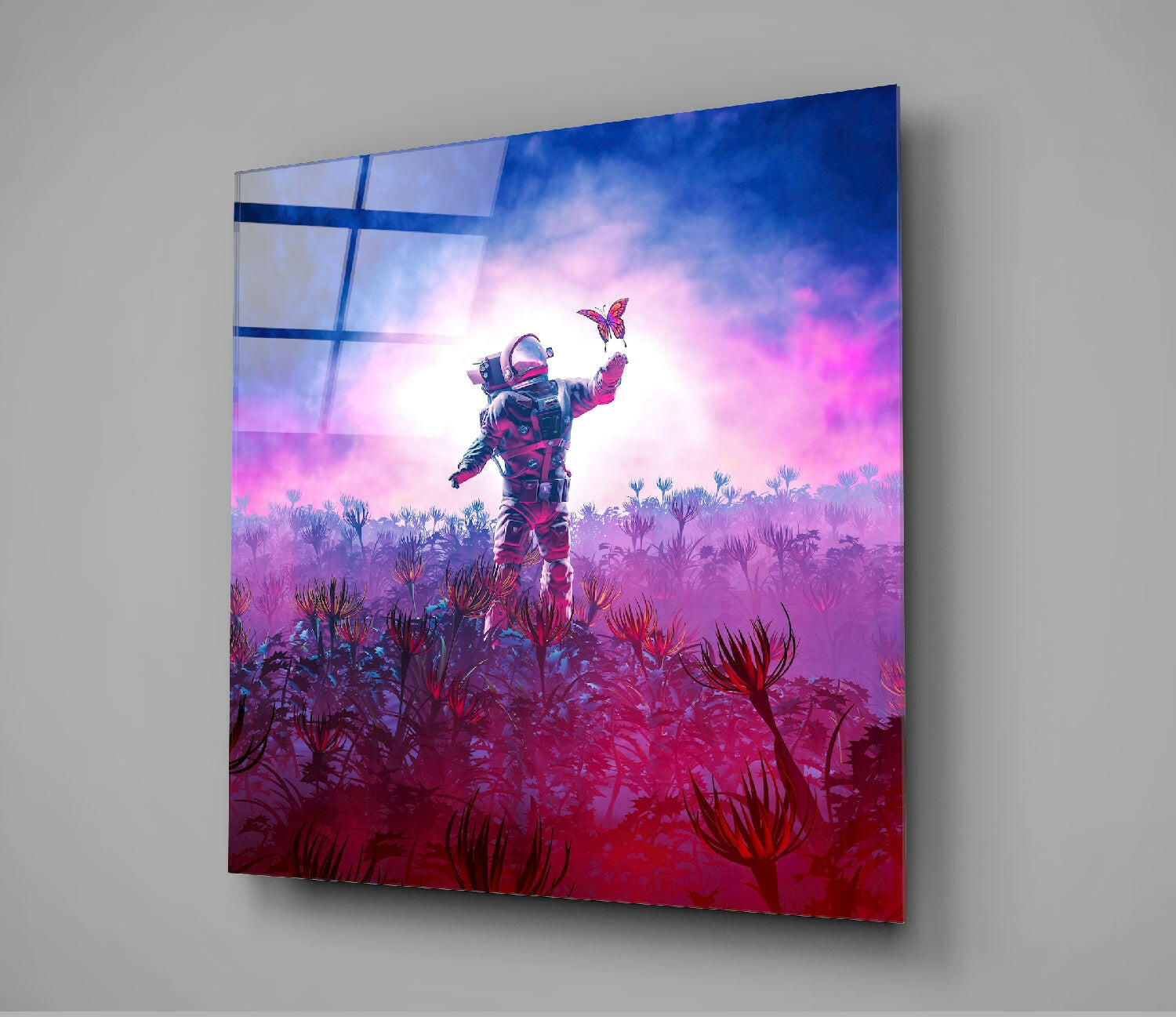 Astronaut Pink Nebula Butterfly Glass Wall Art