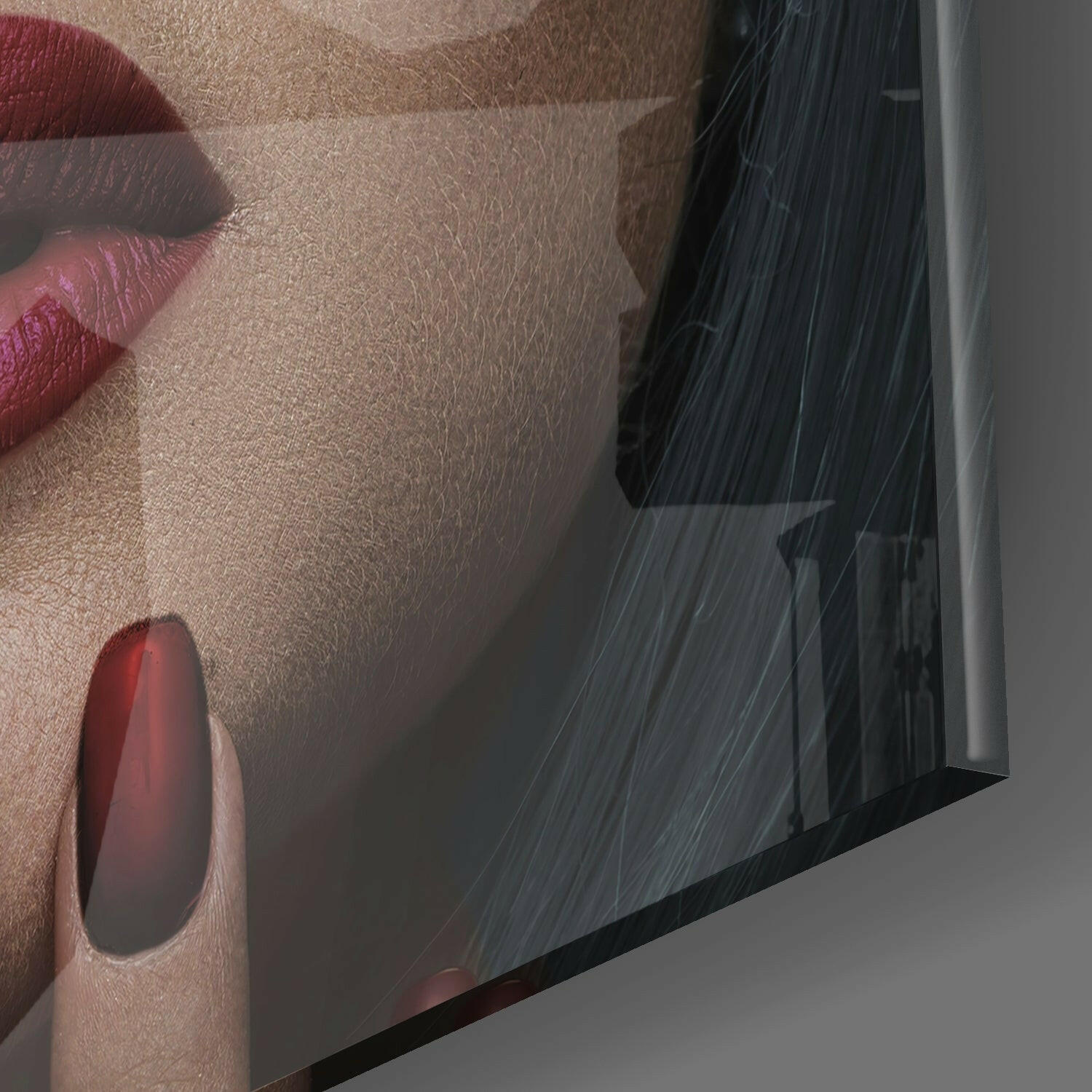 Blue Bangs Red Lips Fashion Glass Wall Art