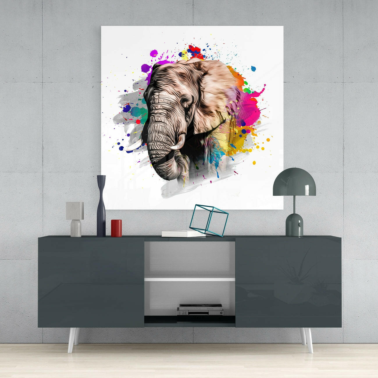 Paint Splash Elephant Head White Glass Wall Art