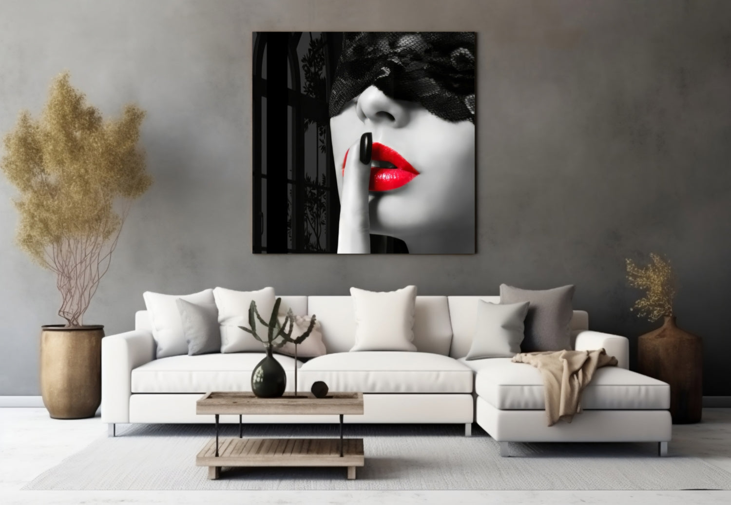 Black Lace Veil Red Lips Hush Glass Wall Art