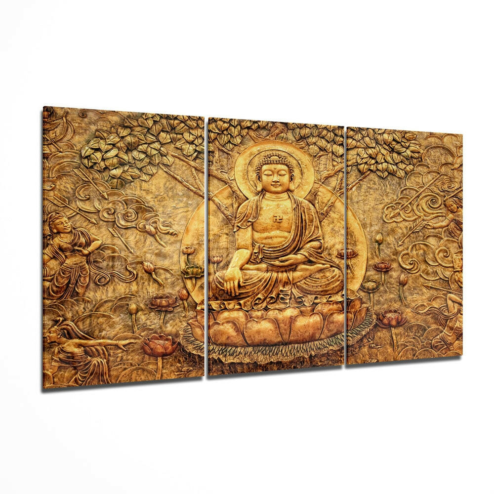 Carved Gold Buddha Lotus Relief Glass Wall Art