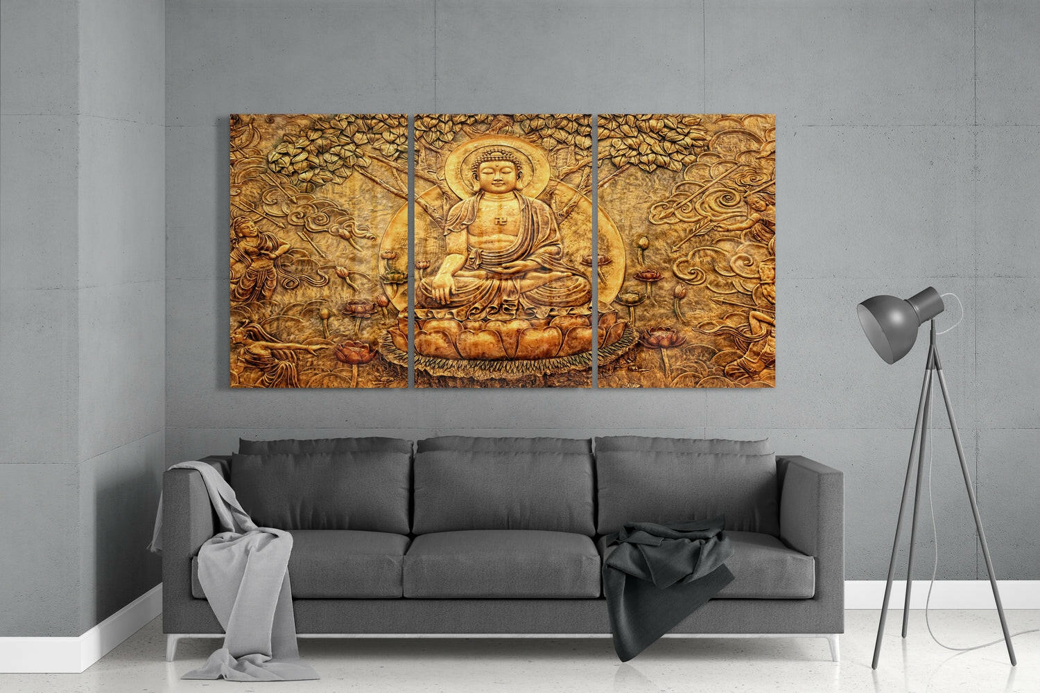 Carved Gold Buddha Lotus Relief Glass Wall Art