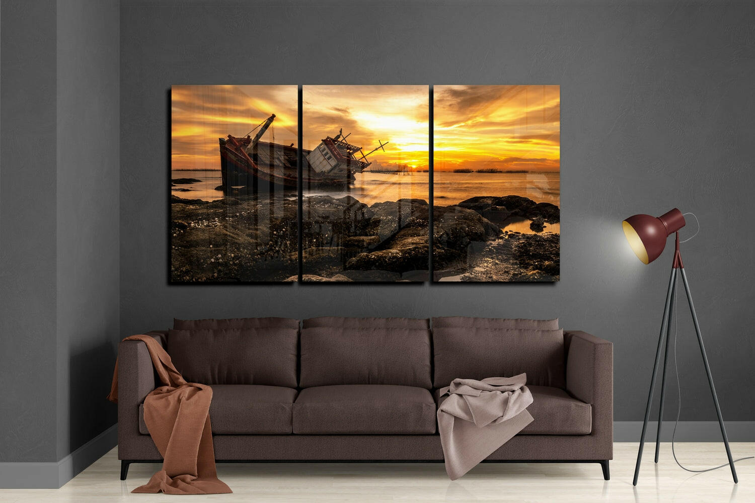 Shipwreck Golden Sunset Rocky Shore Glass Wall Art