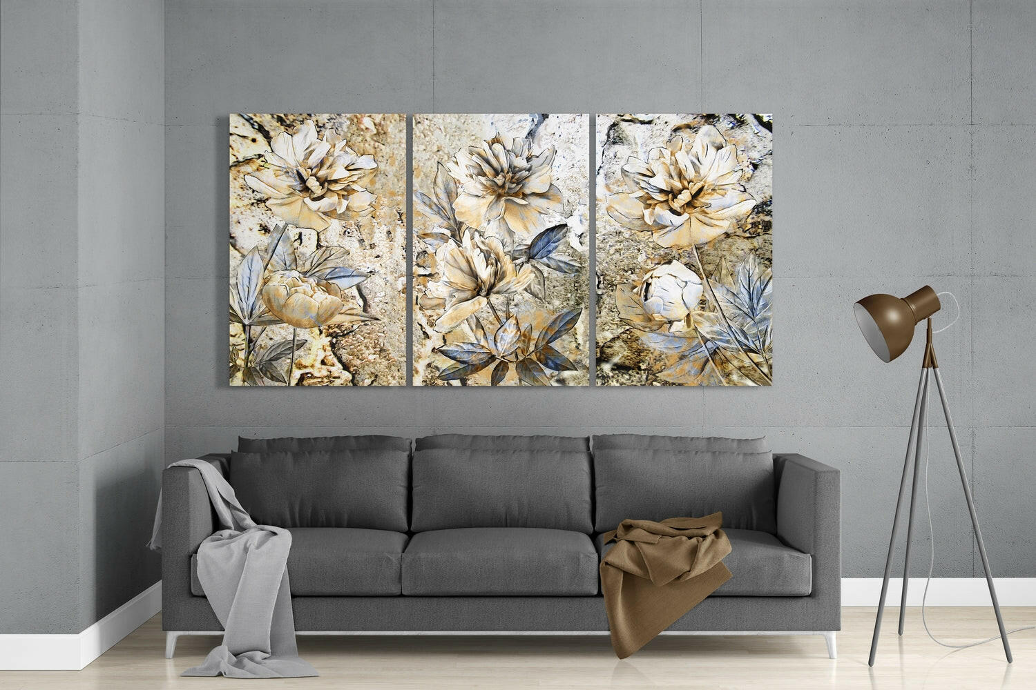 Gold Blossoms on Stone Triptych Glass Wall Art