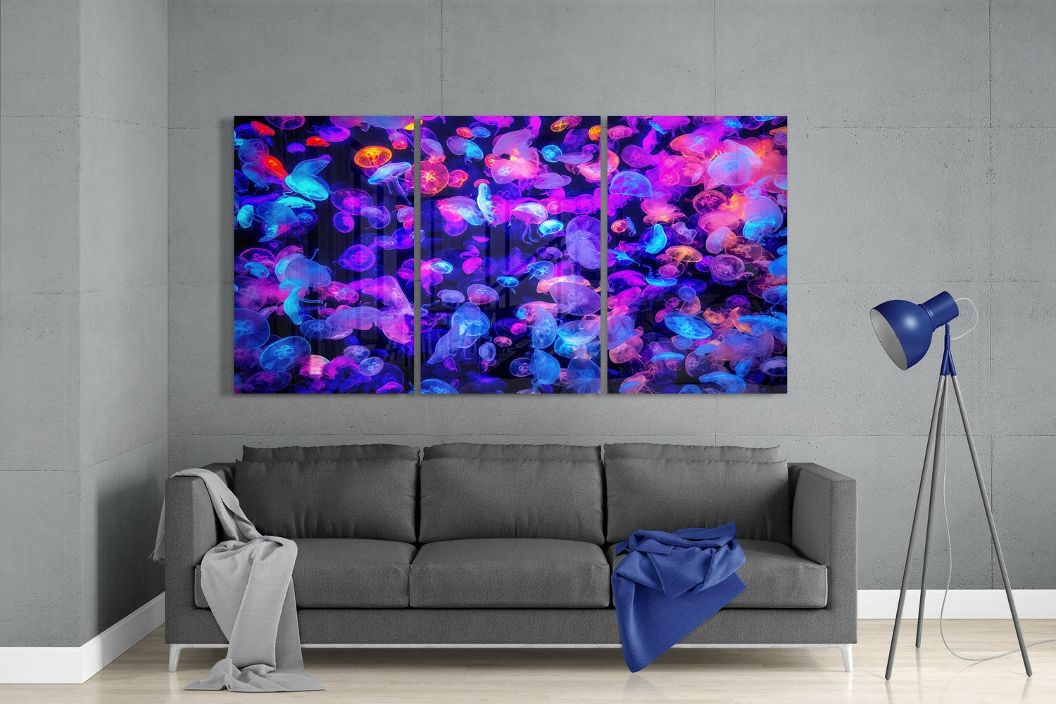 Neon Jellyfish Swarm Triptych Glass Wall Art