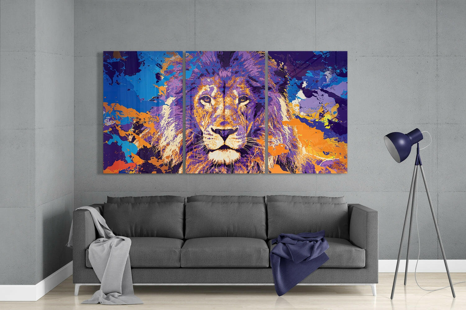 Purple Orange Splatter Lion Mega Glass Wall Art