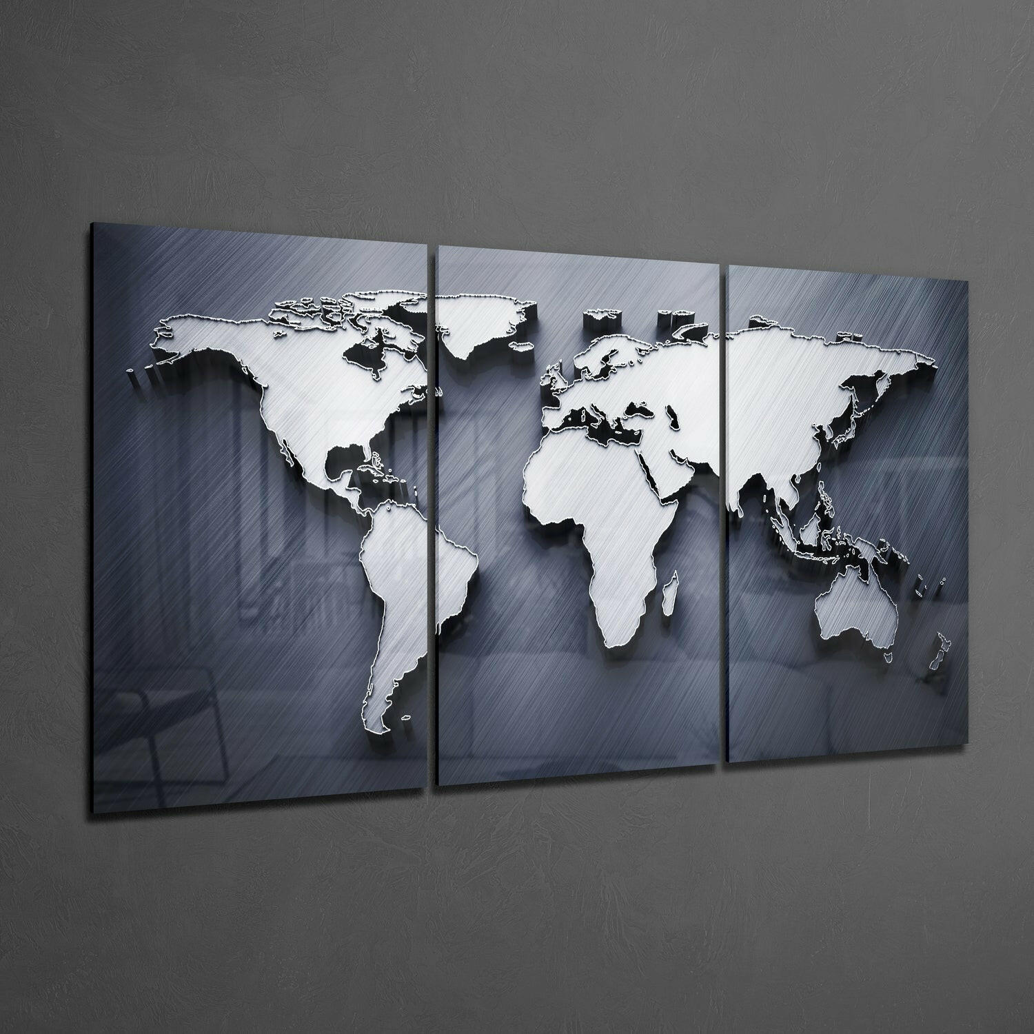 Metallic Silver 3D World Map Glass Wall Art