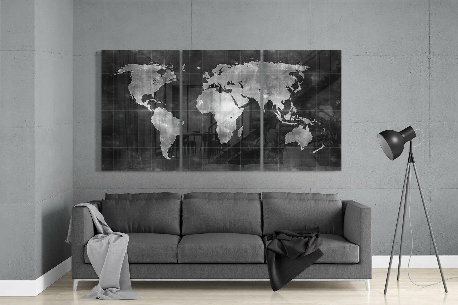 Silver Chalkboard World Map Glass Wall Art