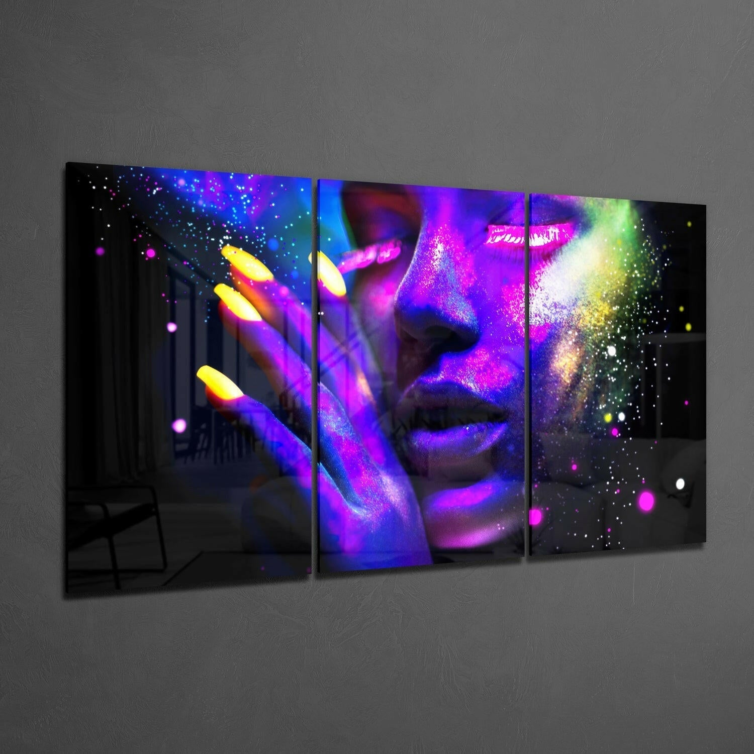 Three Panel Neon Glow Nails Woman Glass Wall Art