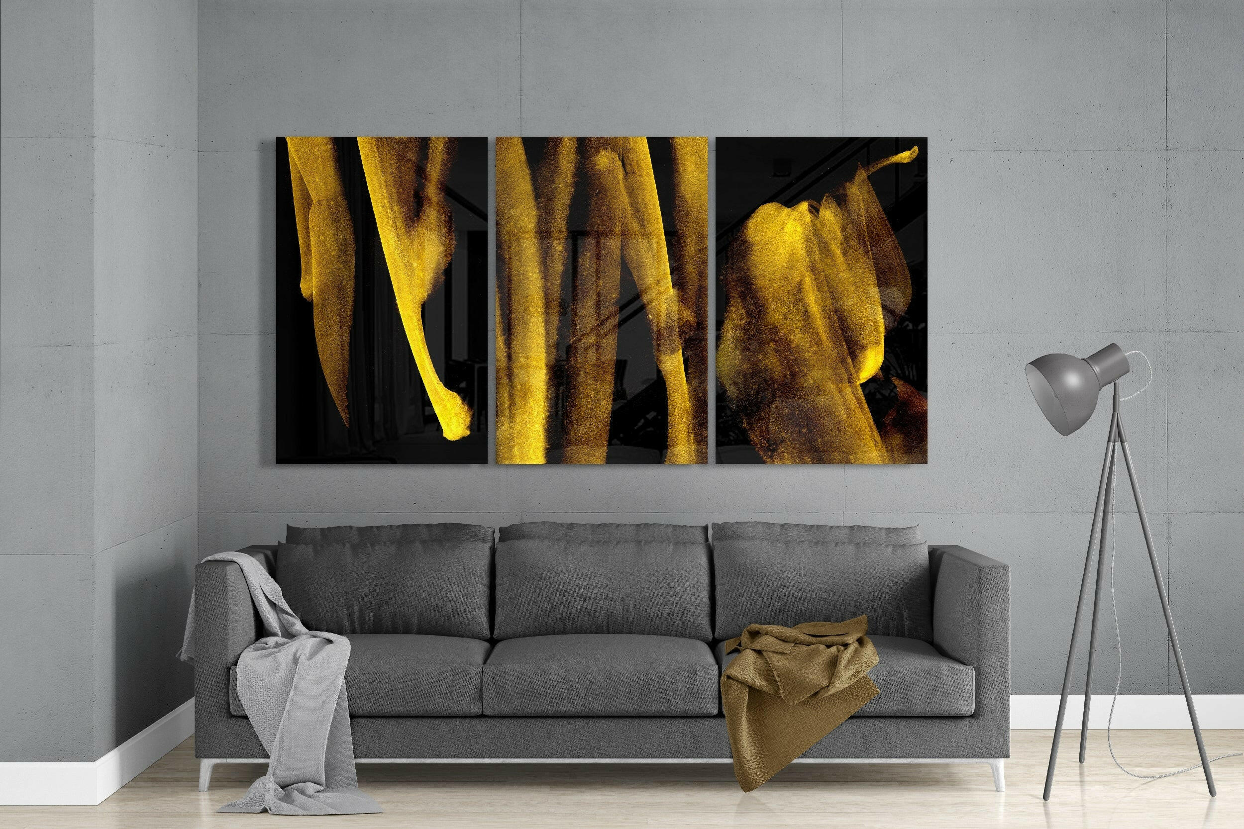 Vertical Gold Drip Streaks on Black Glass Art