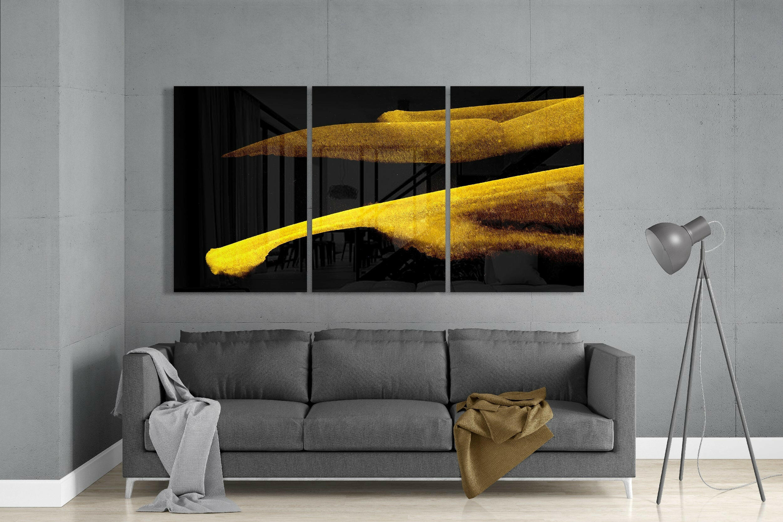 Crossing Gold Brushstrokes on Black Glass Art