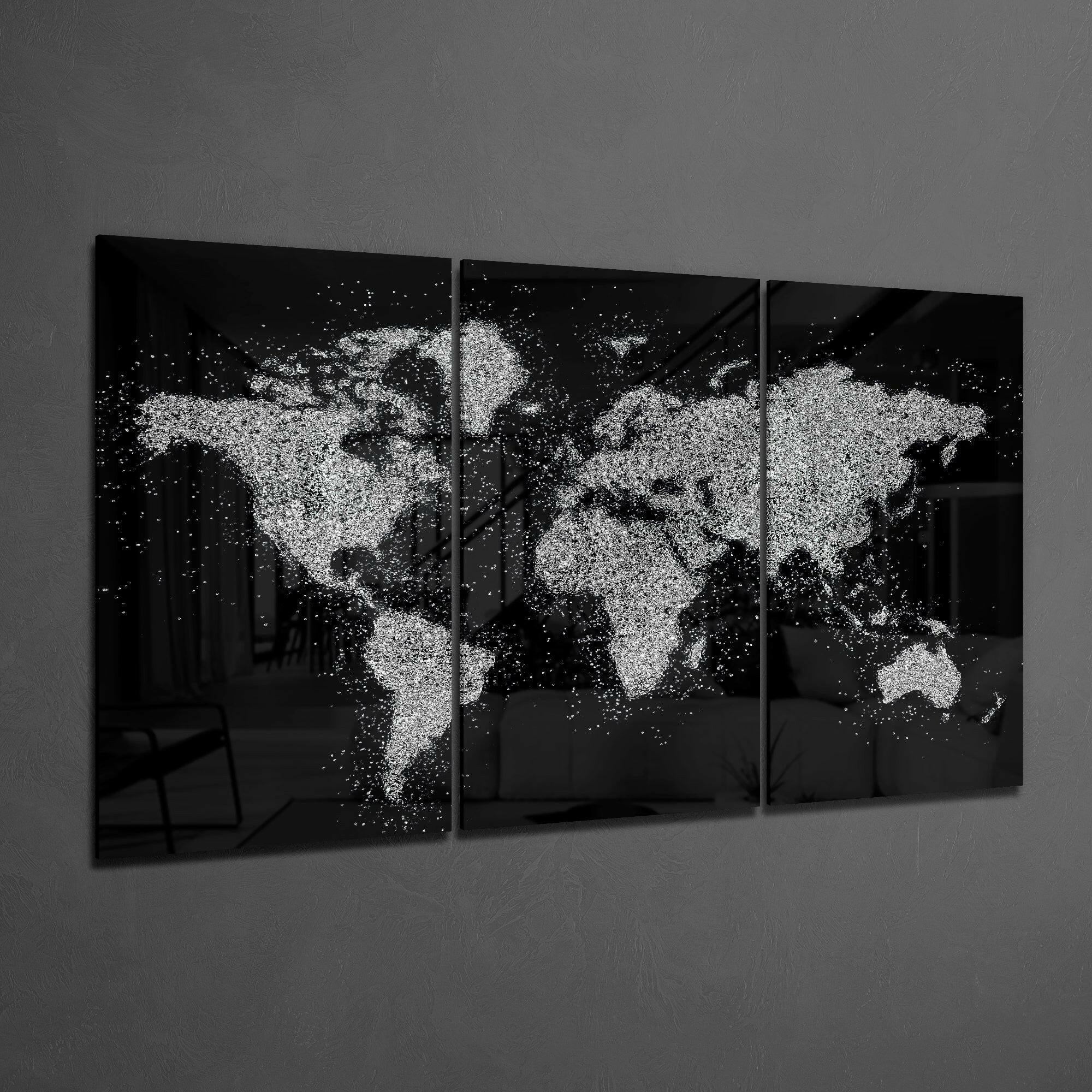 White Paint Splatter World Map Glass Wall Art