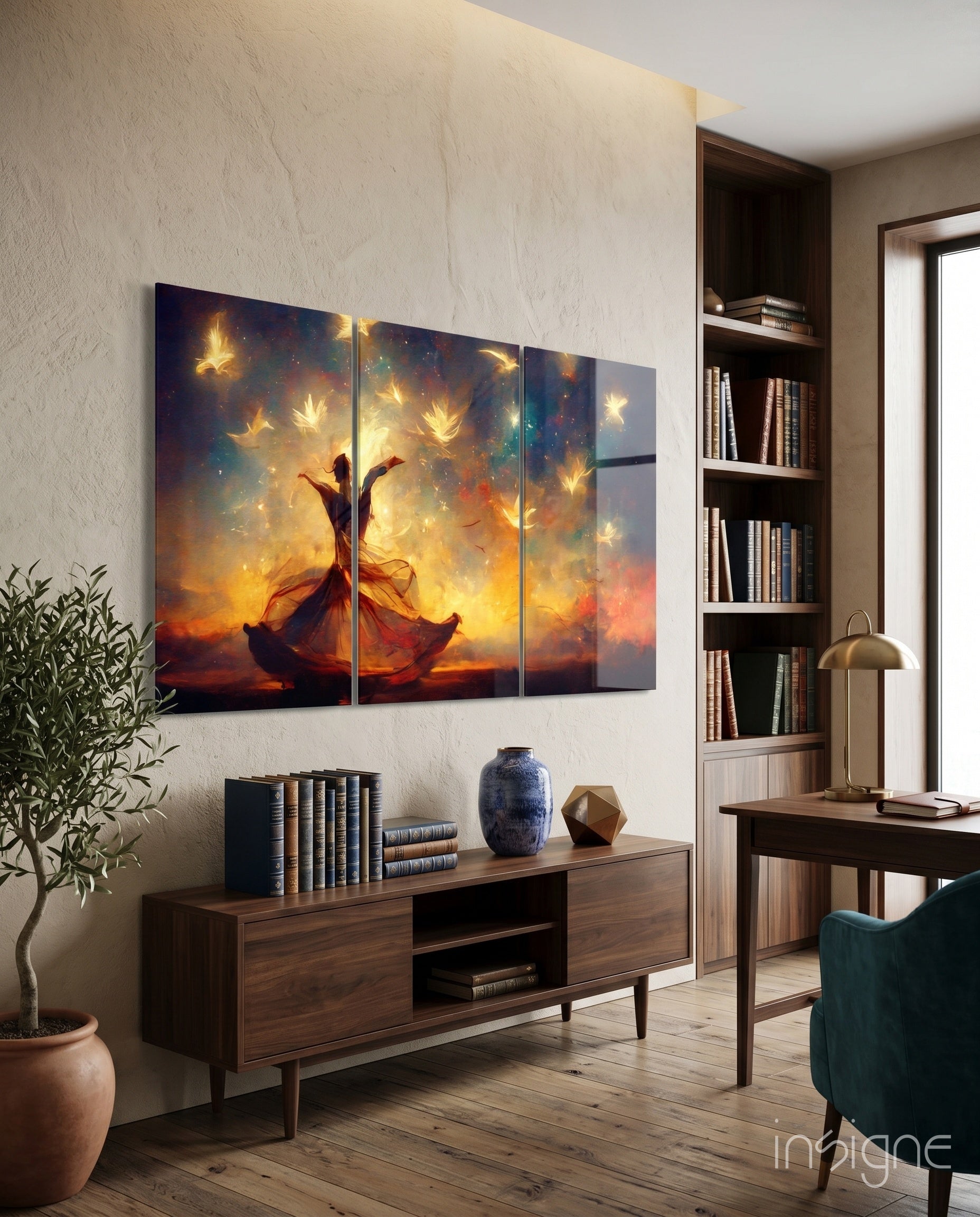 Fiery Sunset Dancer With White Doves Glass Wall Art