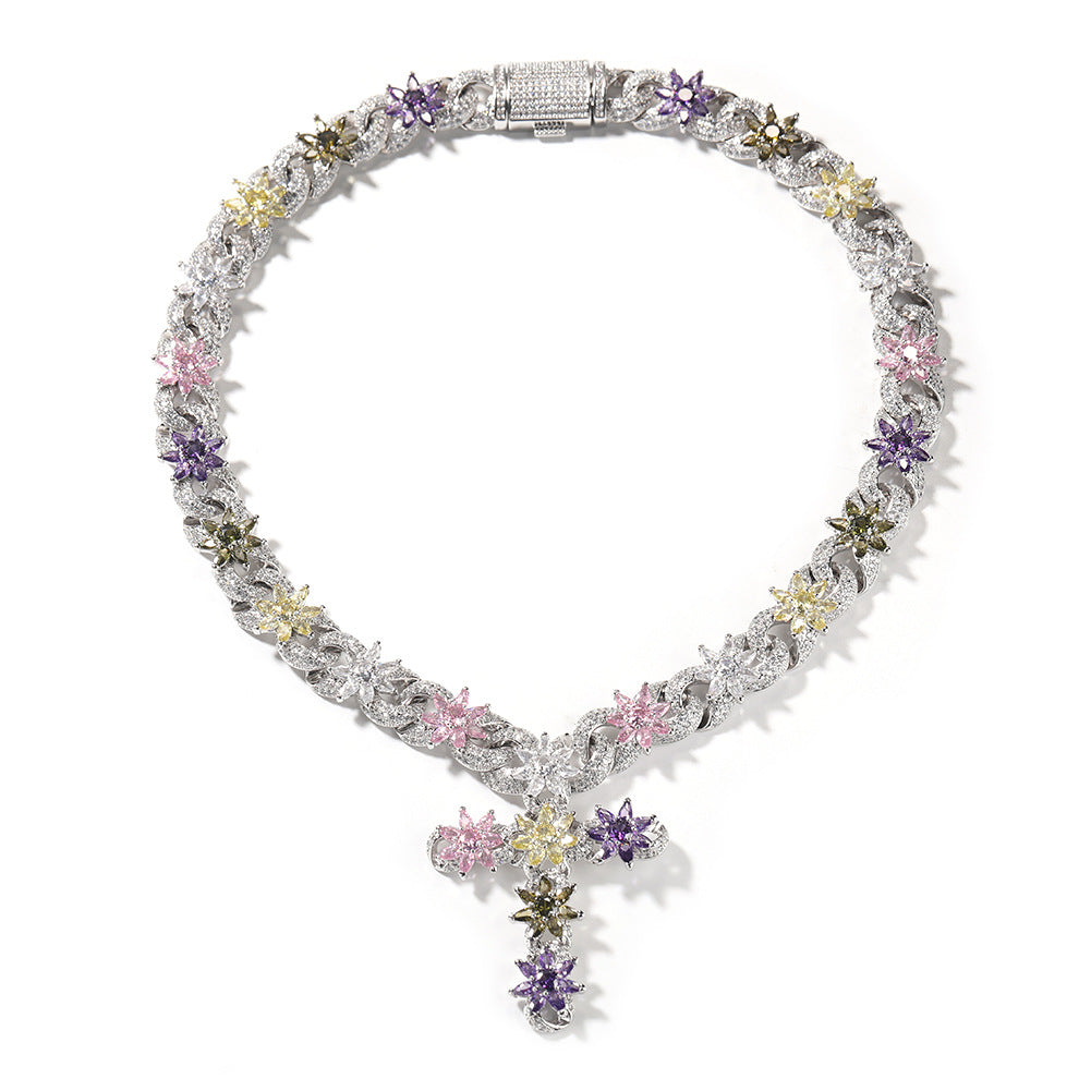 Colorful zircon ice flower cross necklace