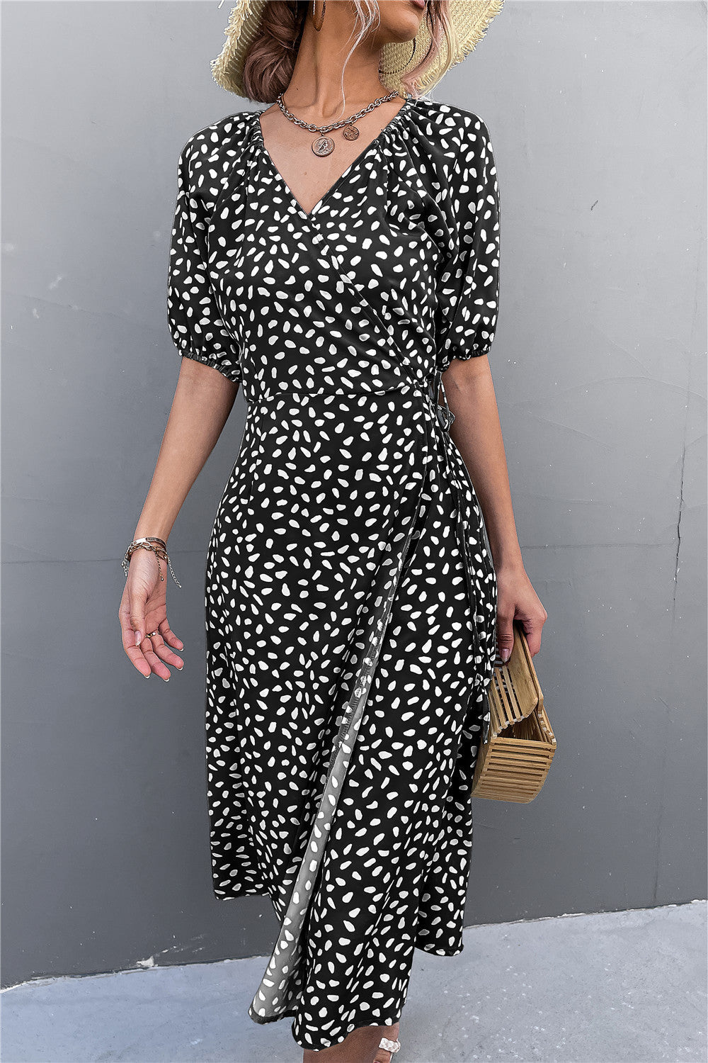 Woman Short Sleeve V Neck Chiffon Wrap Dresses Polka Dot Streetwear Elegant Midi Dress