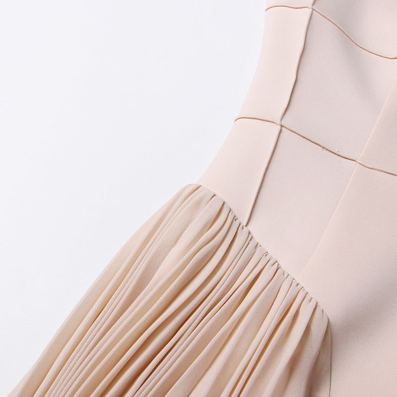 Pleated round neck sleeveless A dress with waist slimming long skirt