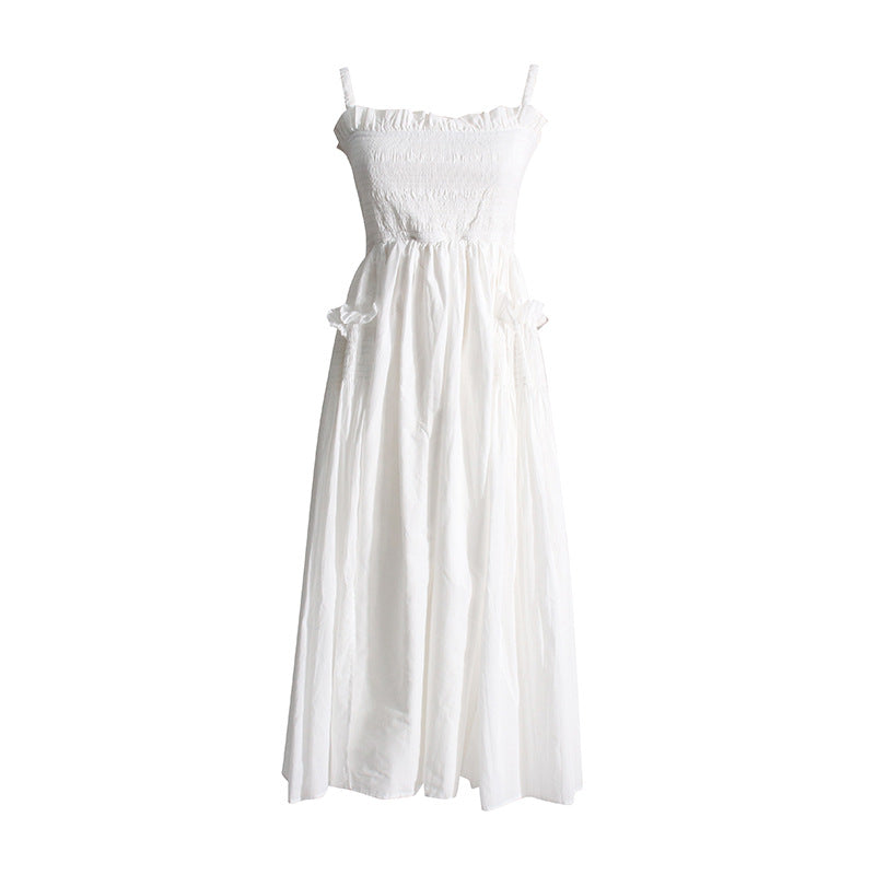 Pleated suspender long solid color full skirt dress