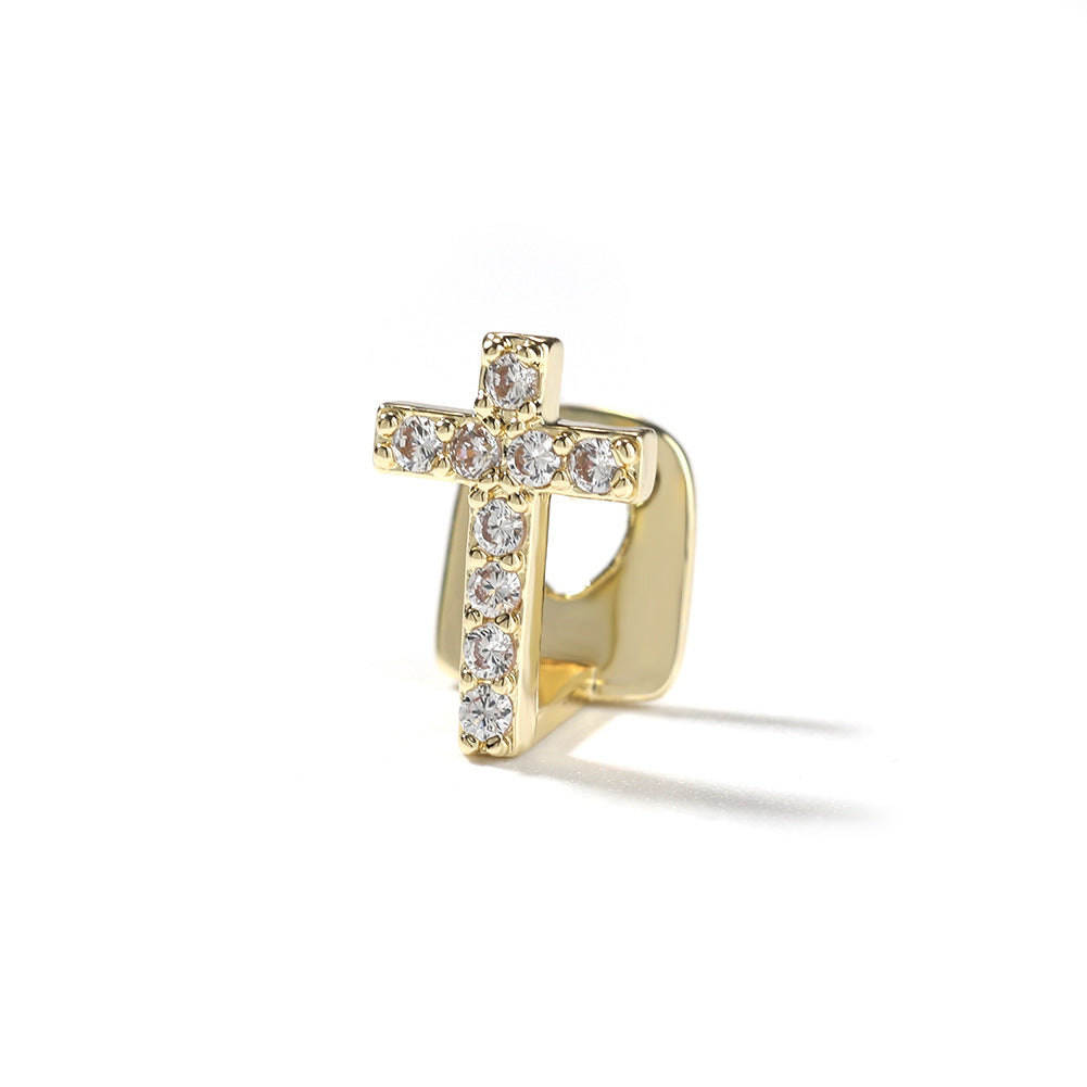 Hip-hop gold braces with zirconia cross Teeth Grillz