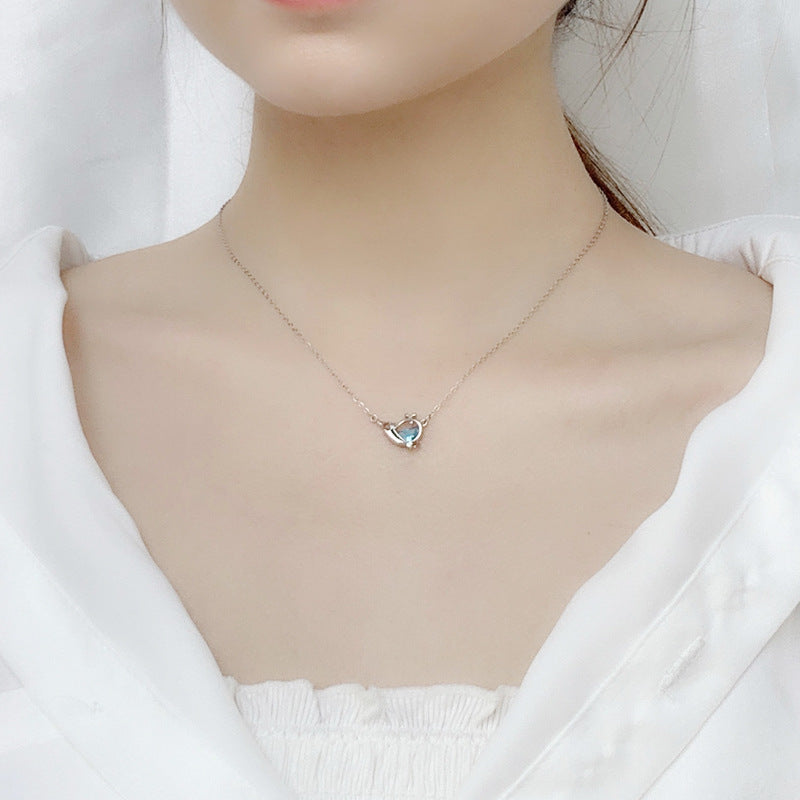 s925 Silver Sea Blue Half Moon Zircon Whale Necklace