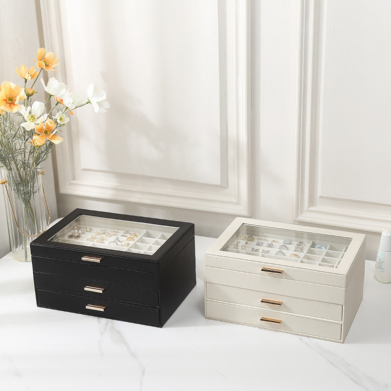 PU leather window multi-layer drawer-style jewelry box