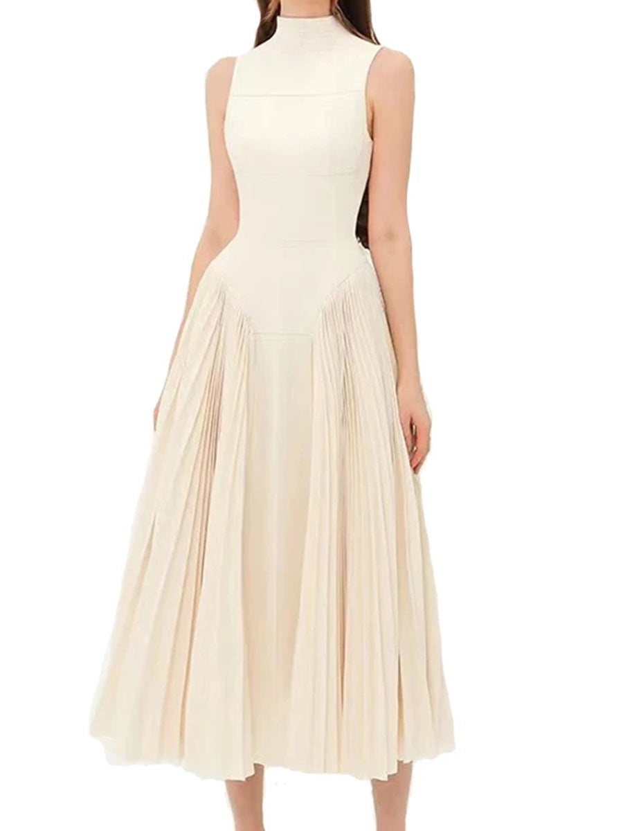 Pleated round neck sleeveless A dress with waist slimming long skirt