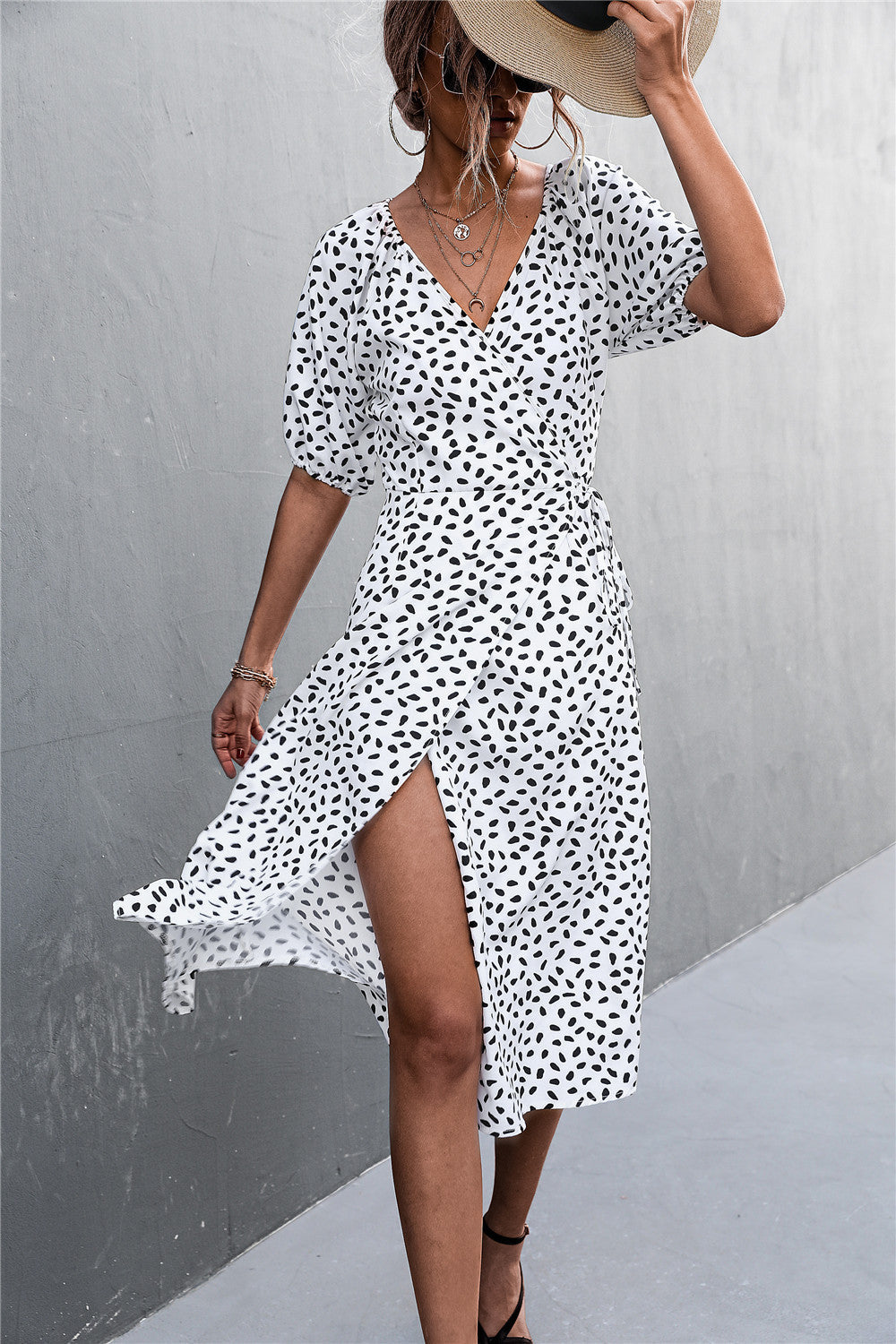 Woman Short Sleeve V Neck Chiffon Wrap Dresses Polka Dot Streetwear Elegant Midi Dress
