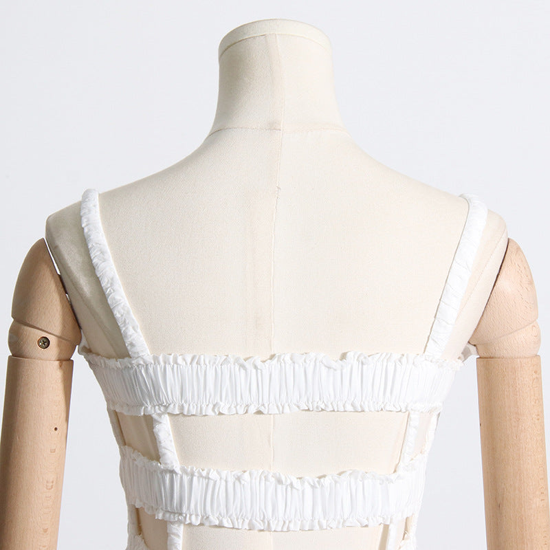 Pleated suspender long solid color full skirt dress