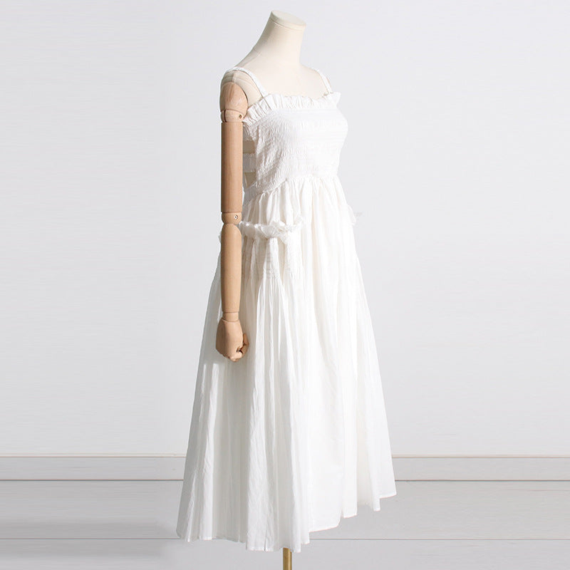 Pleated suspender long solid color full skirt dress