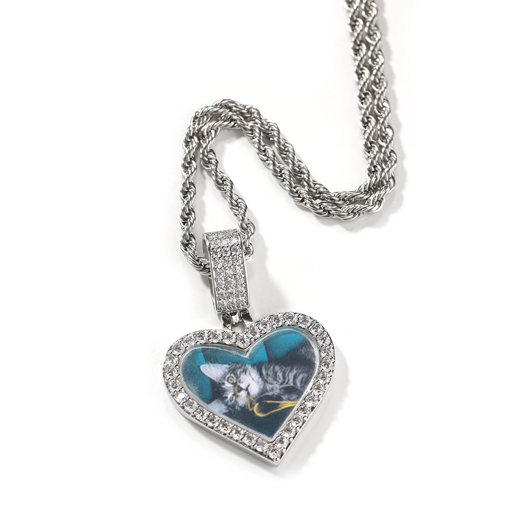 Customized photo heart shape pendant couple necklace