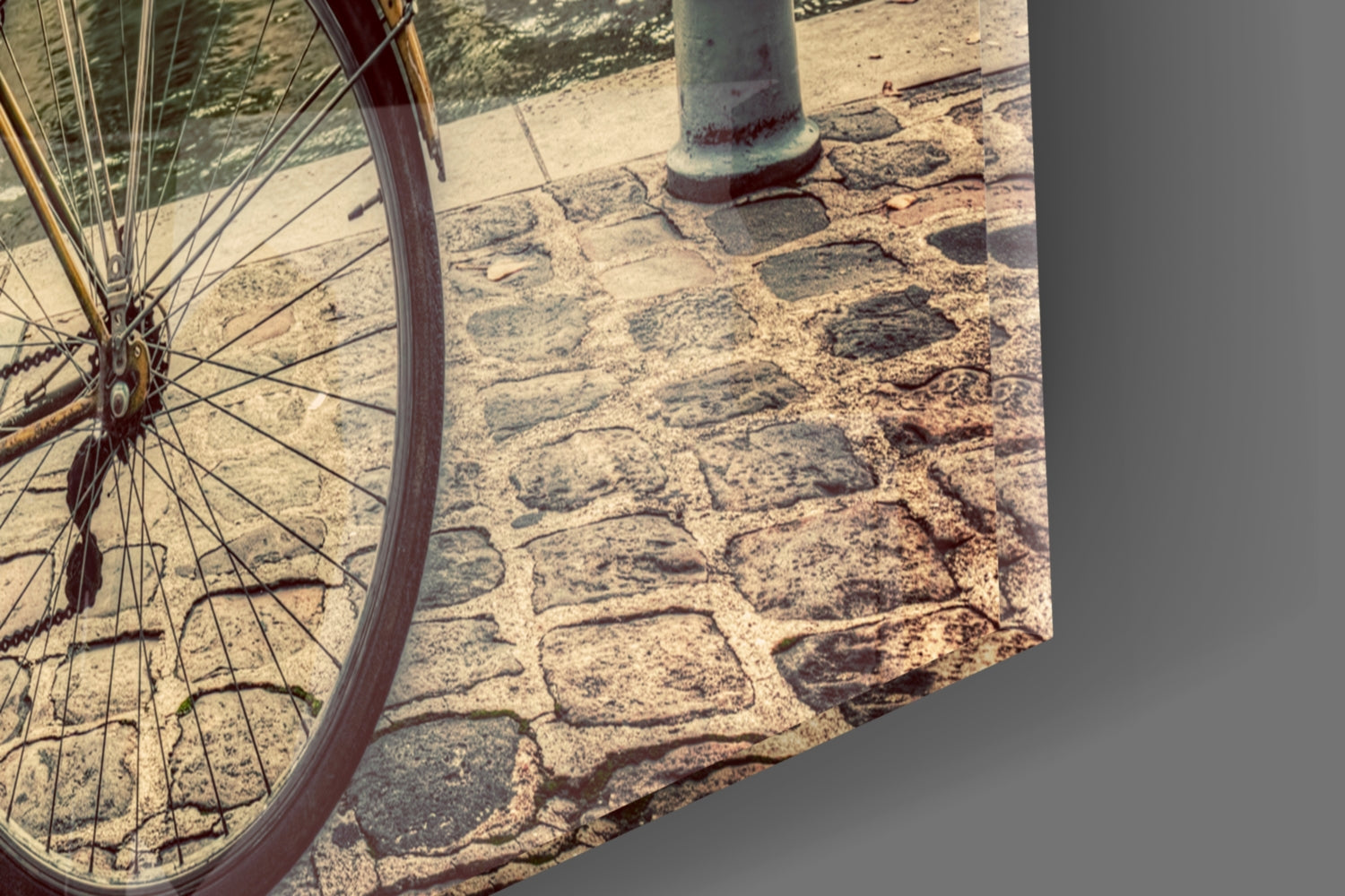 Cobblestone Riverside Bicycle Sepia View Glass Wall Art