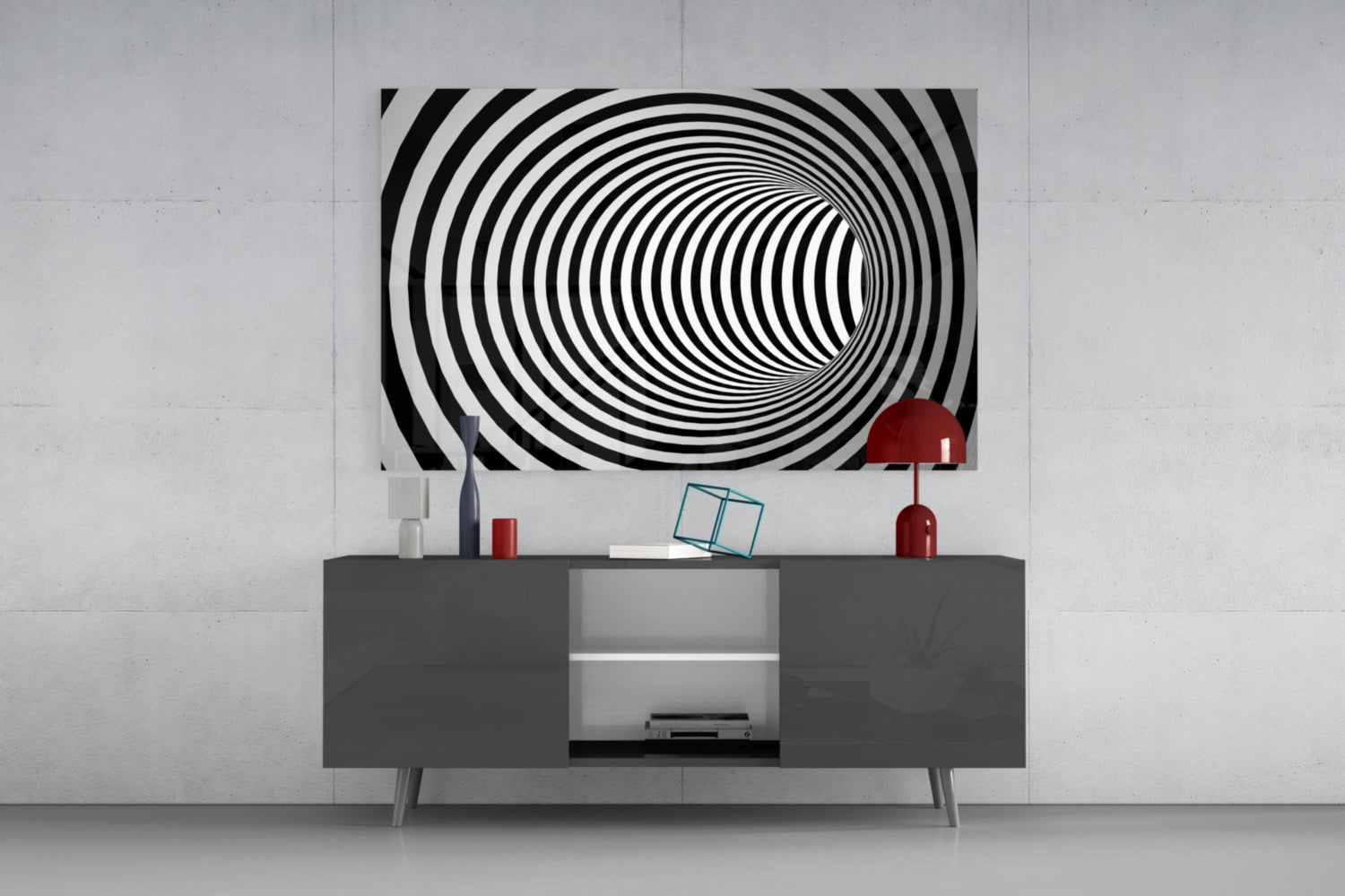 Wide Black And White Wormhole Illusion Glass Wall Art